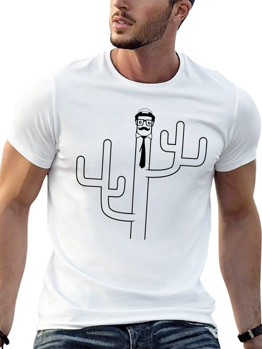 Novelty Cactus Man Graphic T-Shirt - Black