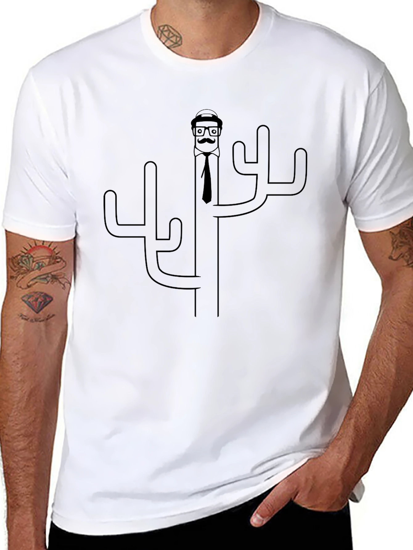 Novelty Cactus Man Graphic T-Shirt - Black
