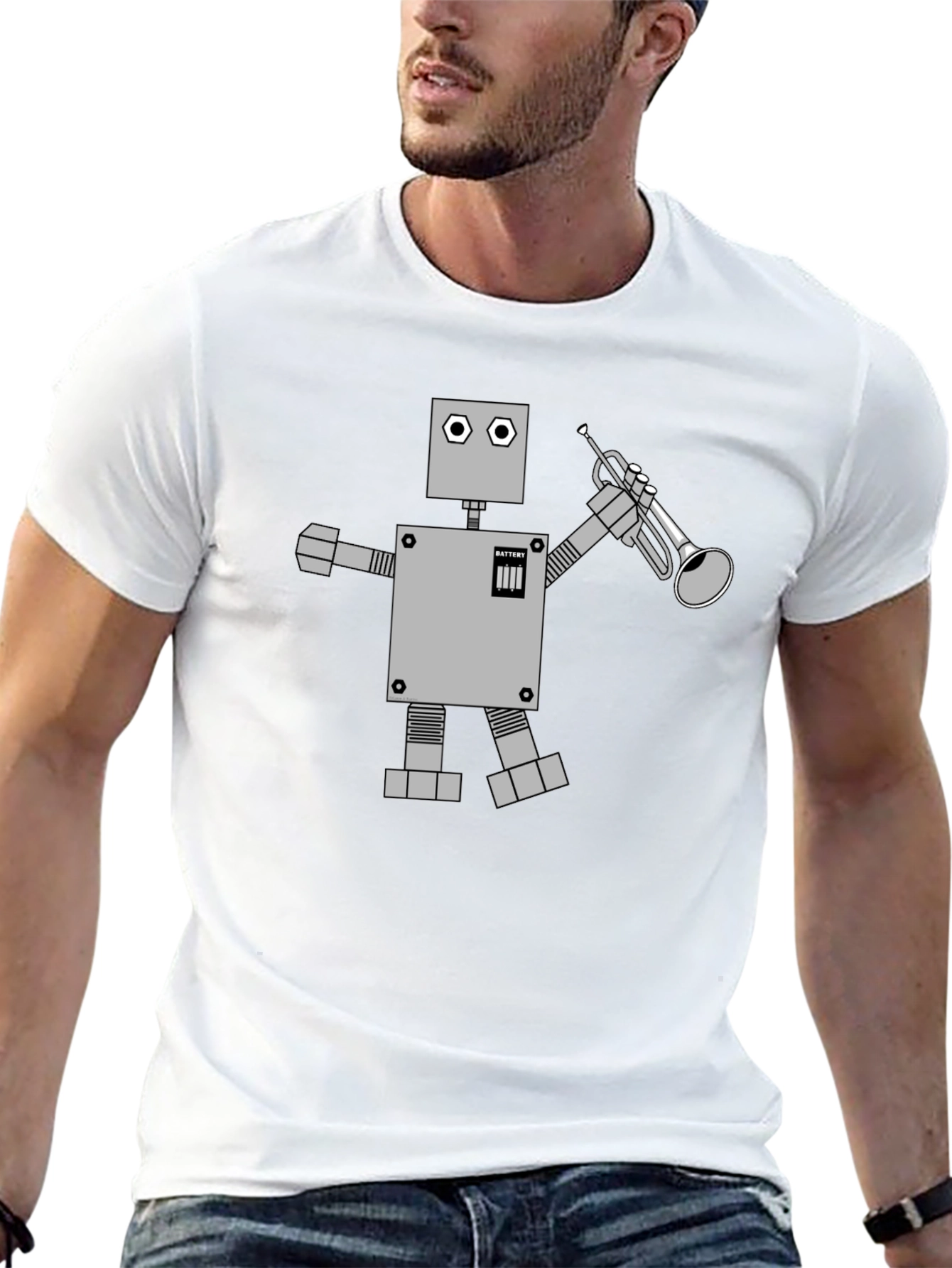 Robot Musician Graphic Tee - Black Cotton T-Shirt
