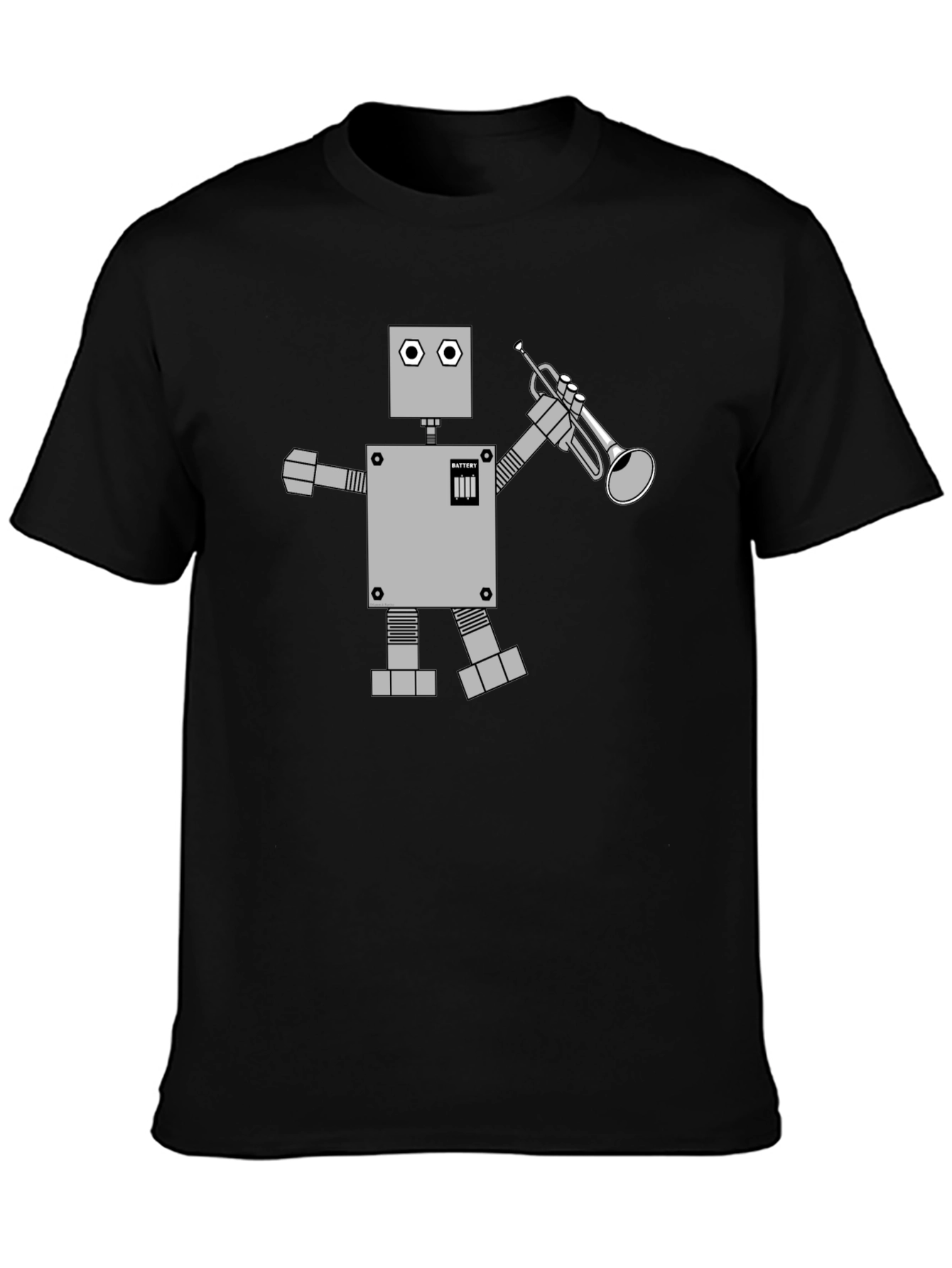 Robot Musician Graphic Tee - Black Cotton T-Shirt