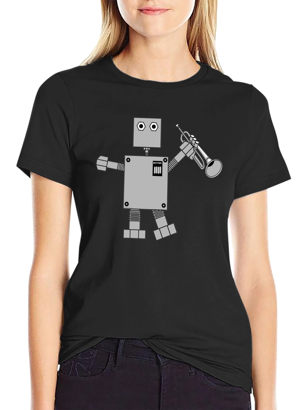 Robot Musician Graphic Tee - Black Cotton T-Shirt