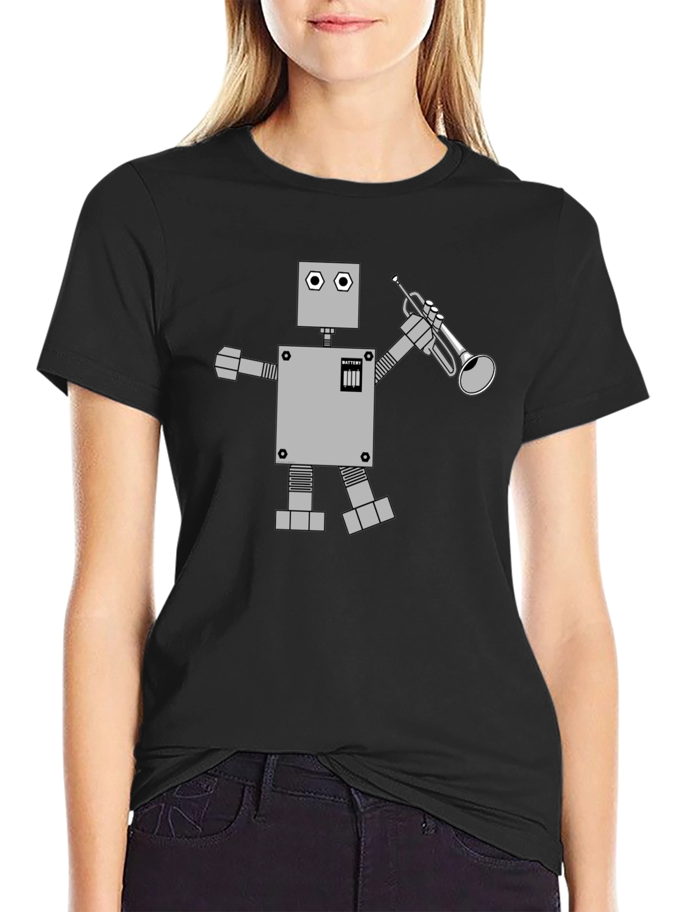 Robot Musician Graphic Tee - Black Cotton T-Shirt