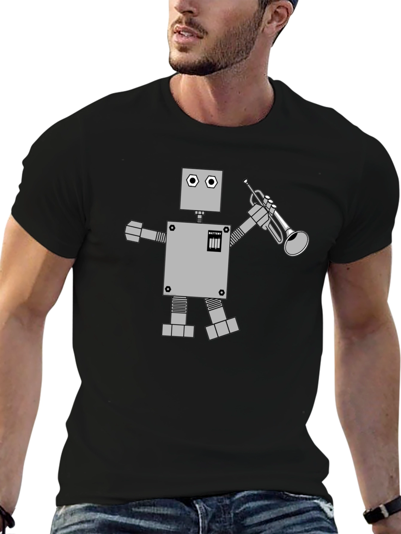Robot Musician Graphic Tee - Black Cotton T-Shirt