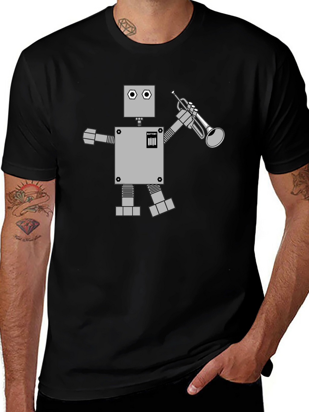 Robot Musician Graphic Tee - Black Cotton T-Shirt
