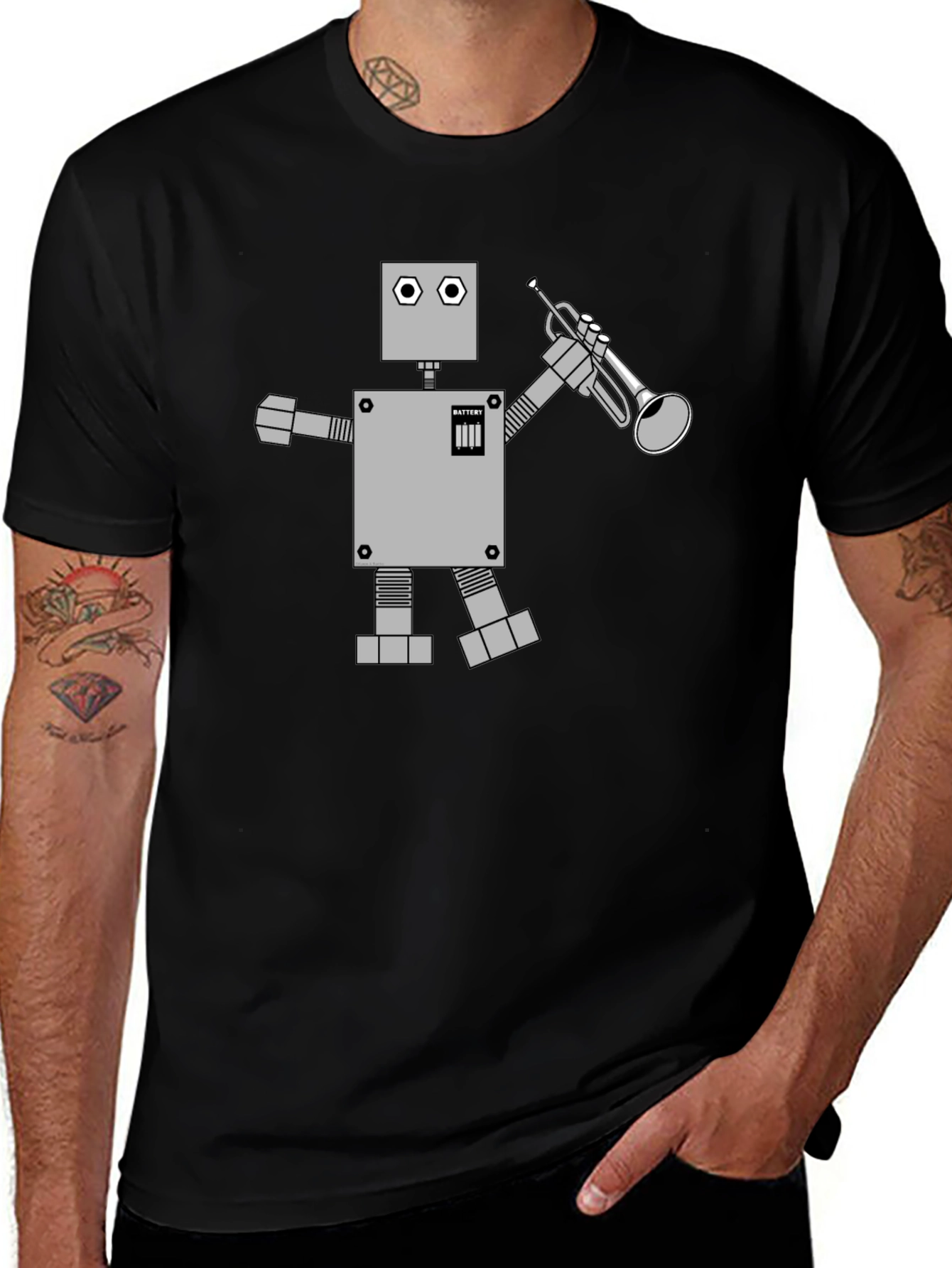 Robot Musician Graphic Tee - Black Cotton T-Shirt