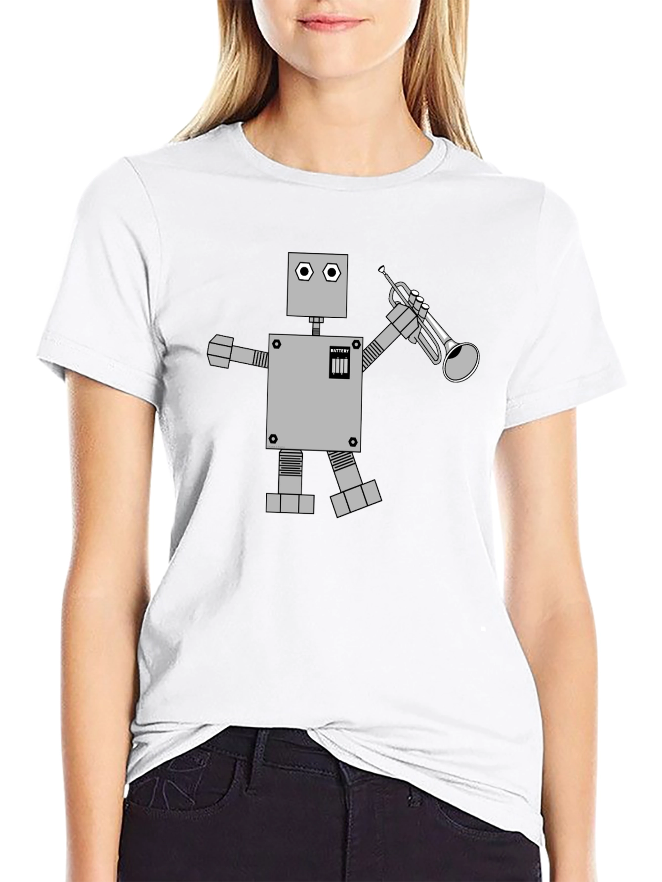Robot Musician Graphic Tee - Black Cotton T-Shirt