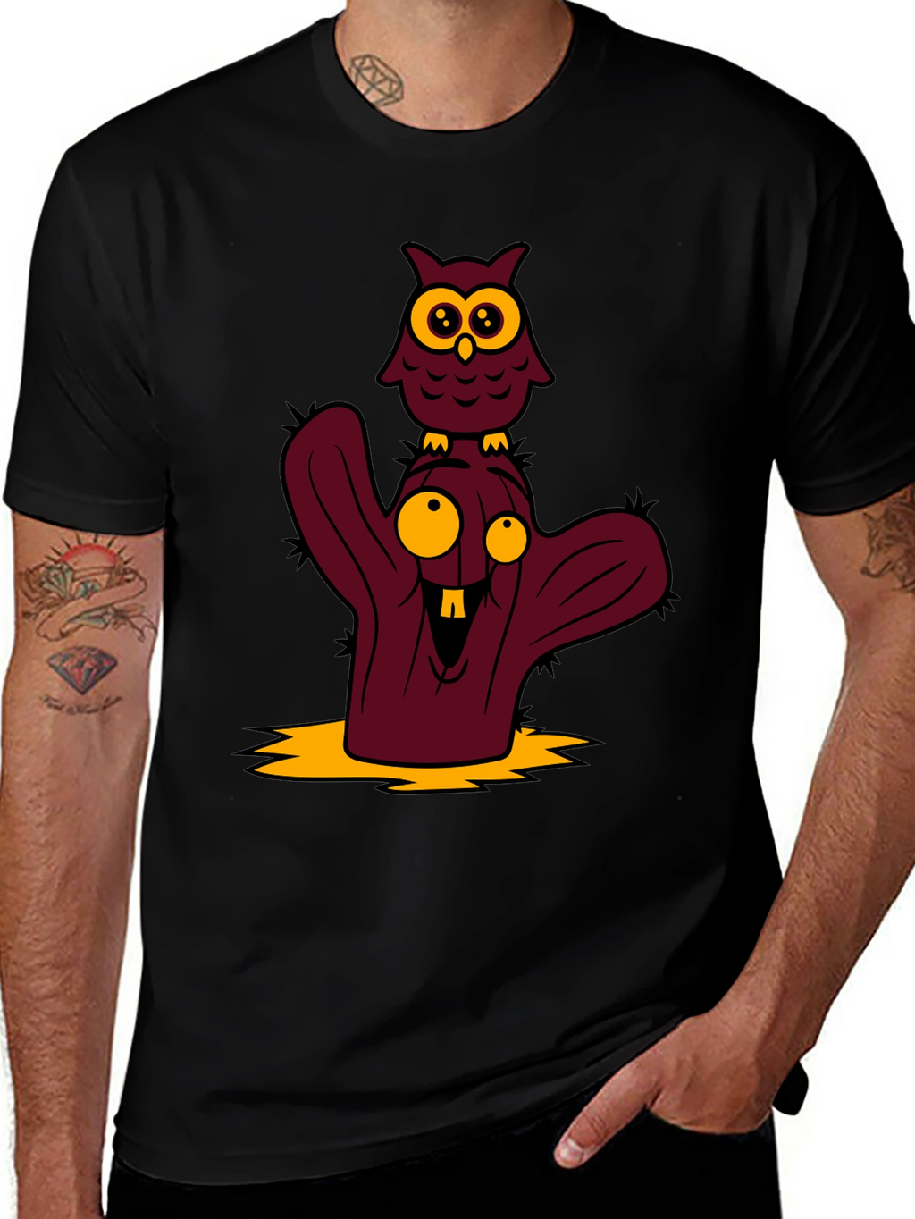 Cartoon Owl and Cactus Graphic T-Shirt