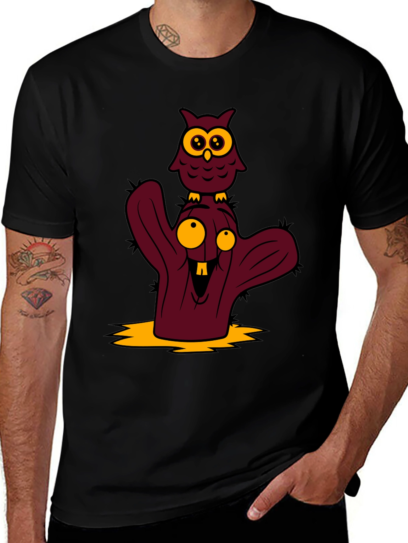 Cartoon Owl and Cactus Graphic T-Shirt