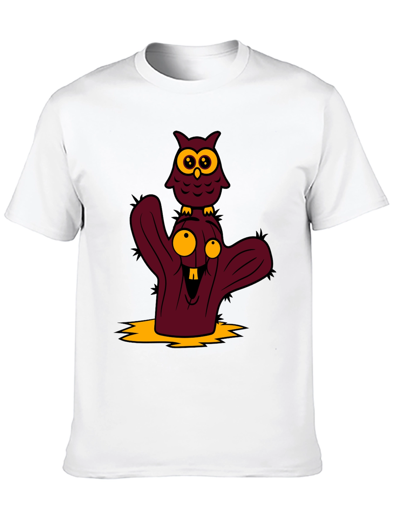 Cartoon Owl and Cactus Graphic T-Shirt