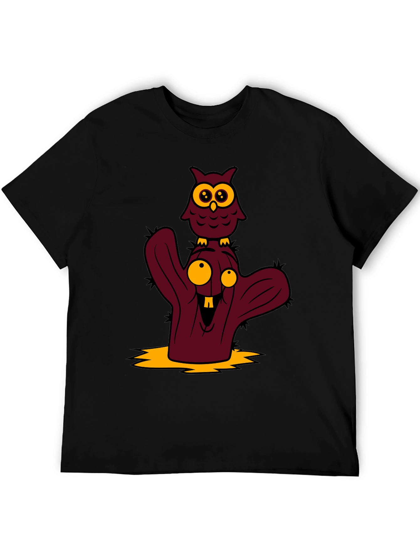 Cartoon Owl and Cactus Graphic T-Shirt