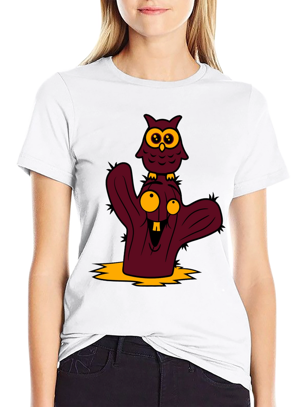 Cartoon Owl and Cactus Graphic T-Shirt