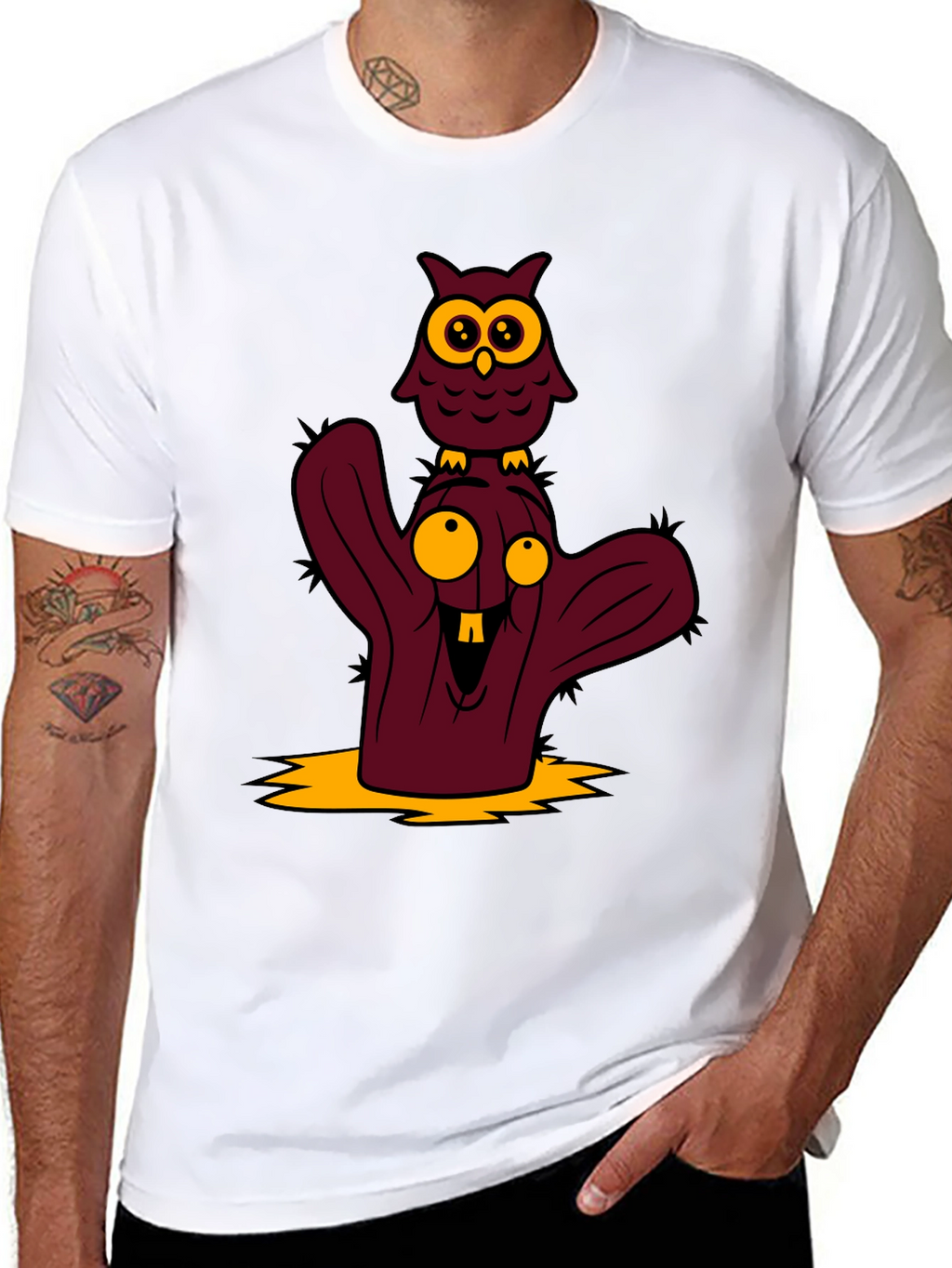 Cartoon Owl and Cactus Graphic T-Shirt