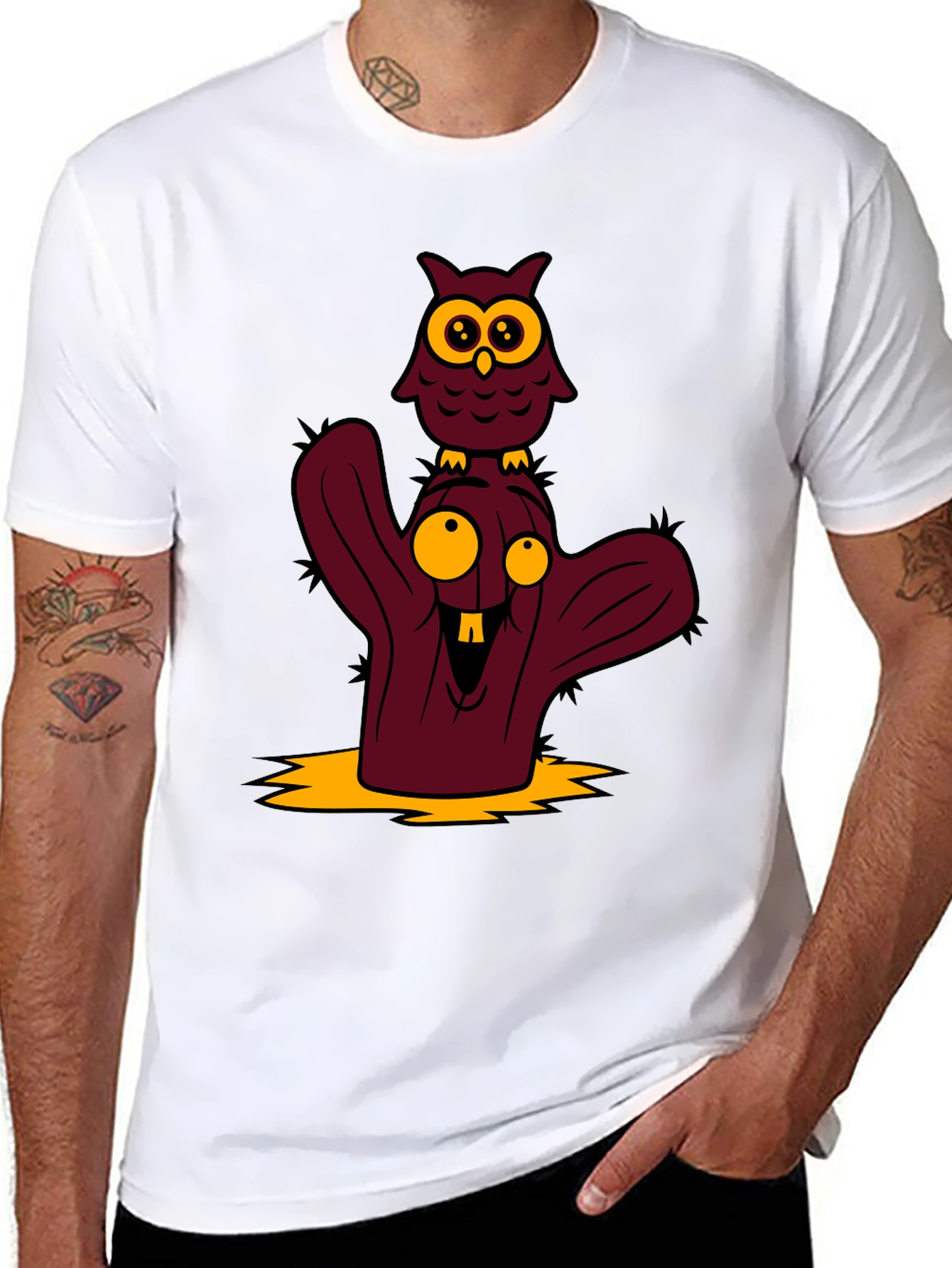 Cartoon Owl and Cactus Graphic T-Shirt