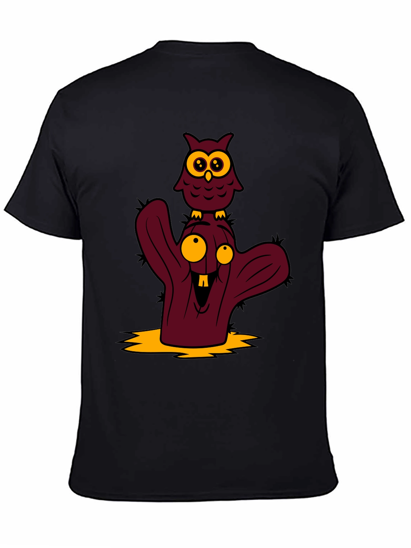 Cartoon Owl and Cactus Graphic T-Shirt