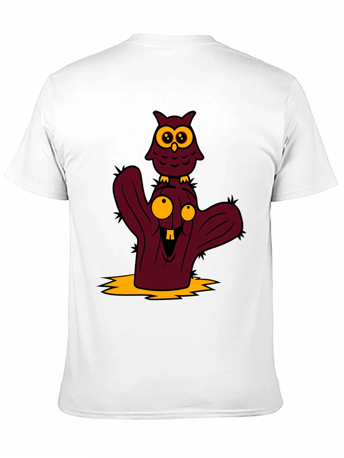 Cartoon Owl and Cactus Graphic T-Shirt