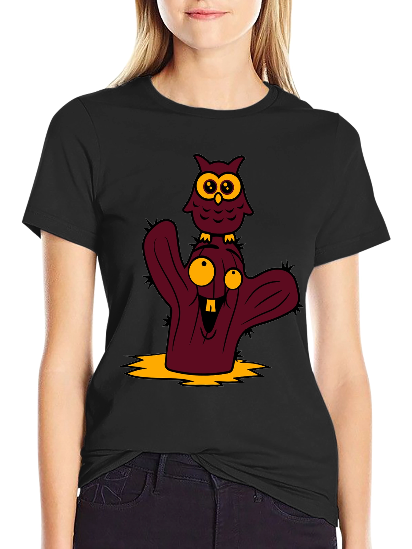 Cartoon Owl and Cactus Graphic T-Shirt