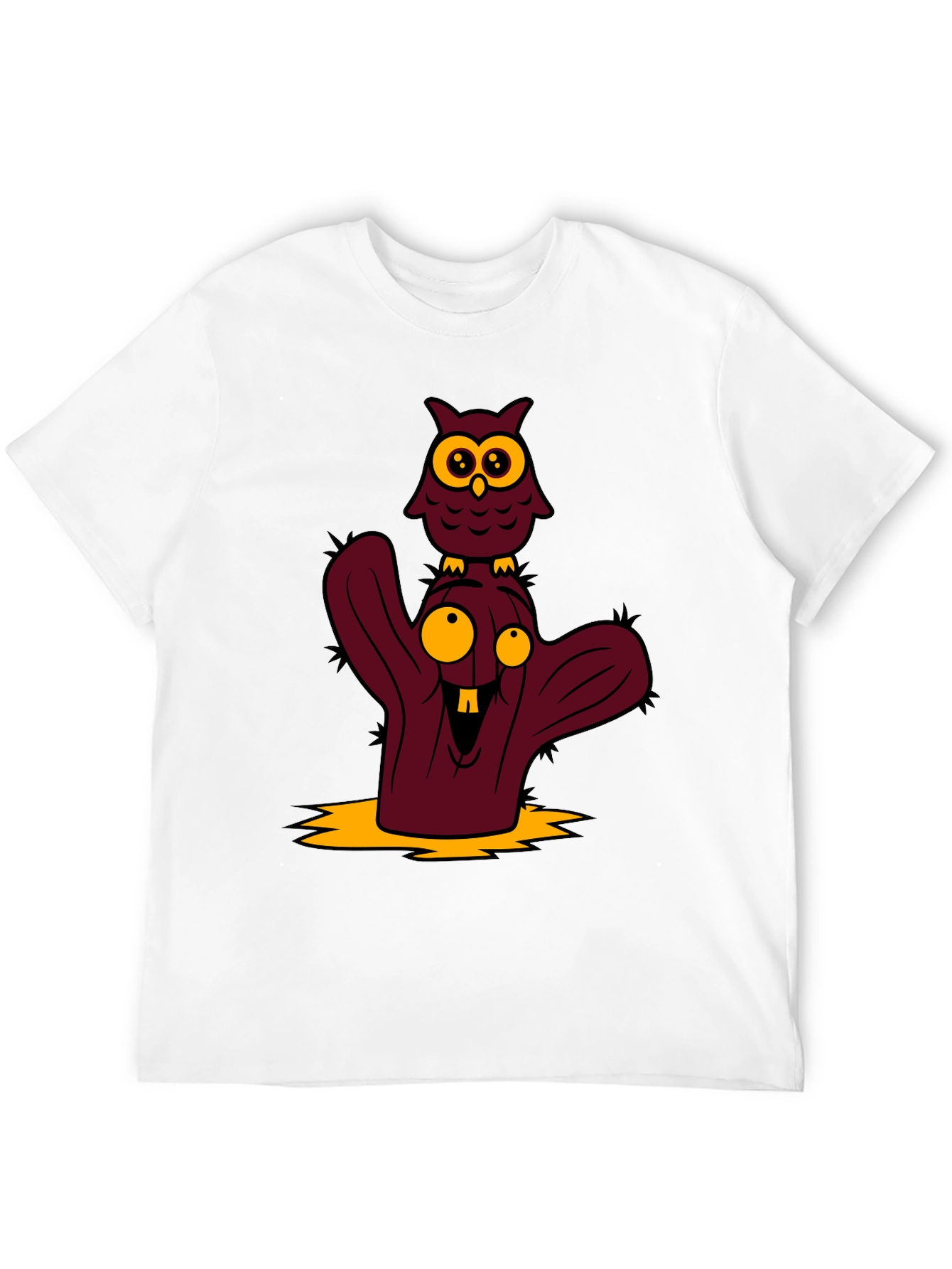 Cartoon Owl and Cactus Graphic T-Shirt