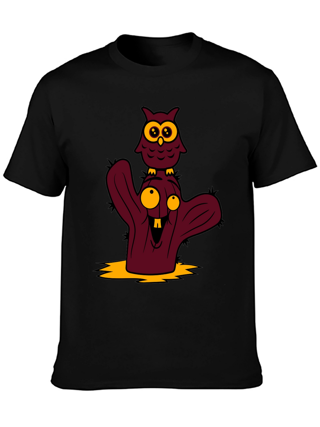 Cartoon Owl and Cactus Graphic T-Shirt