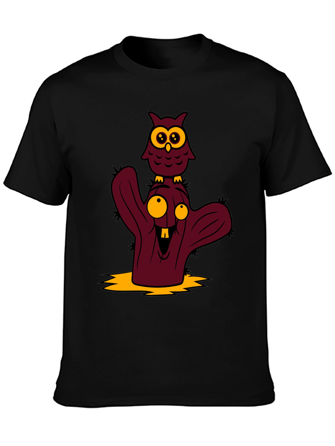 Cartoon Owl and Cactus Graphic T-Shirt