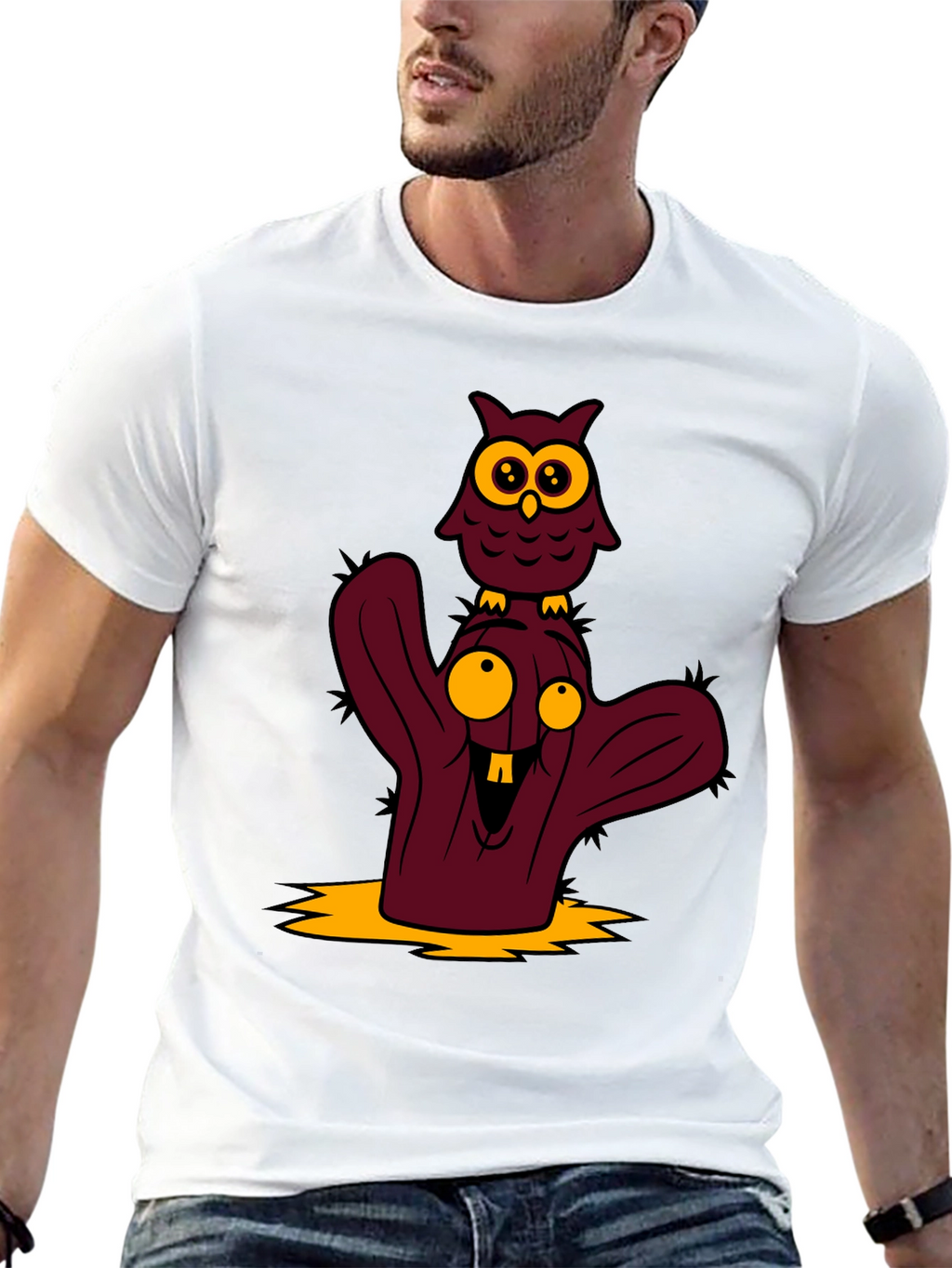 Cartoon Owl and Cactus Graphic T-Shirt