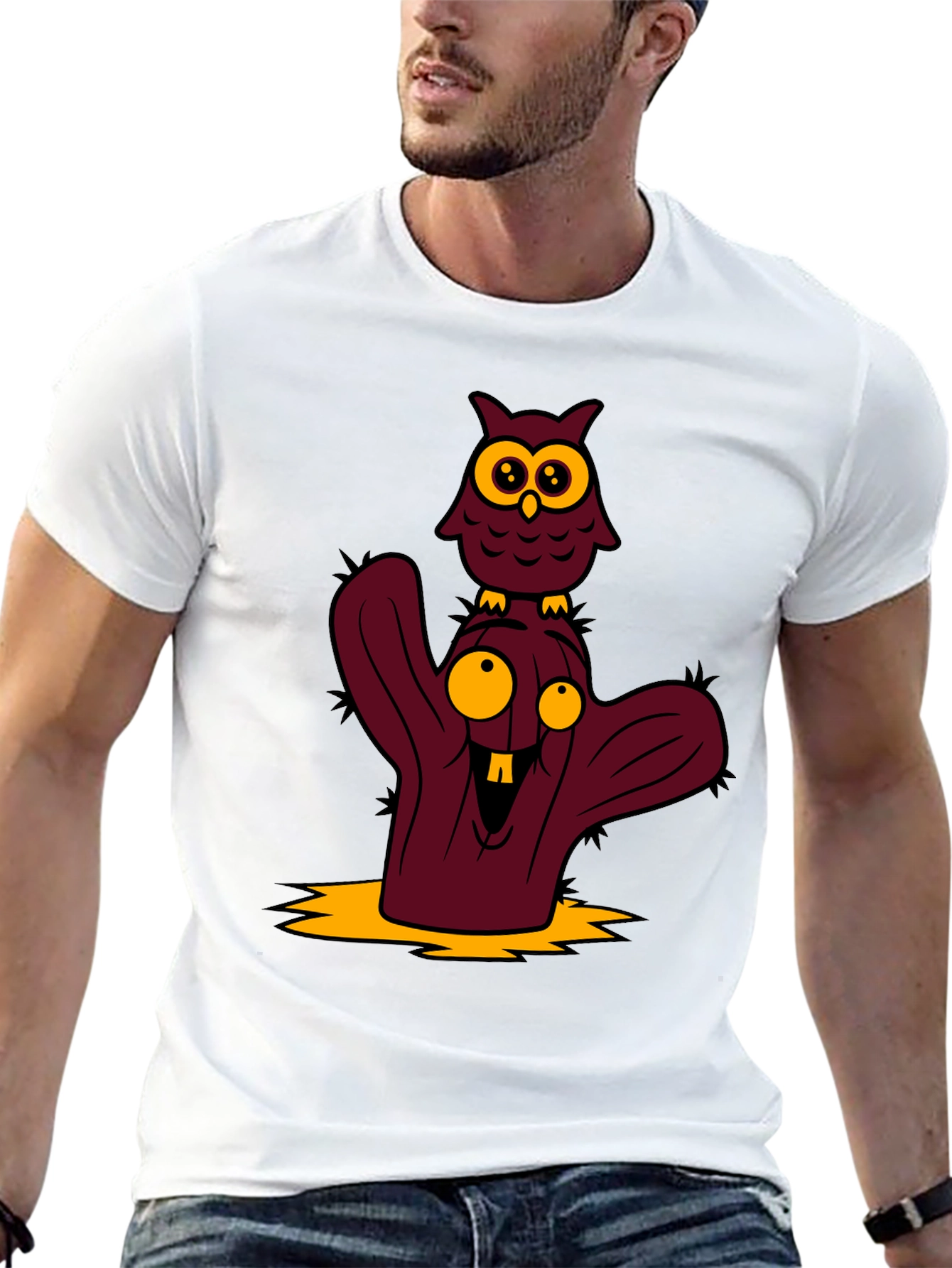 Cartoon Owl and Cactus Graphic T-Shirt