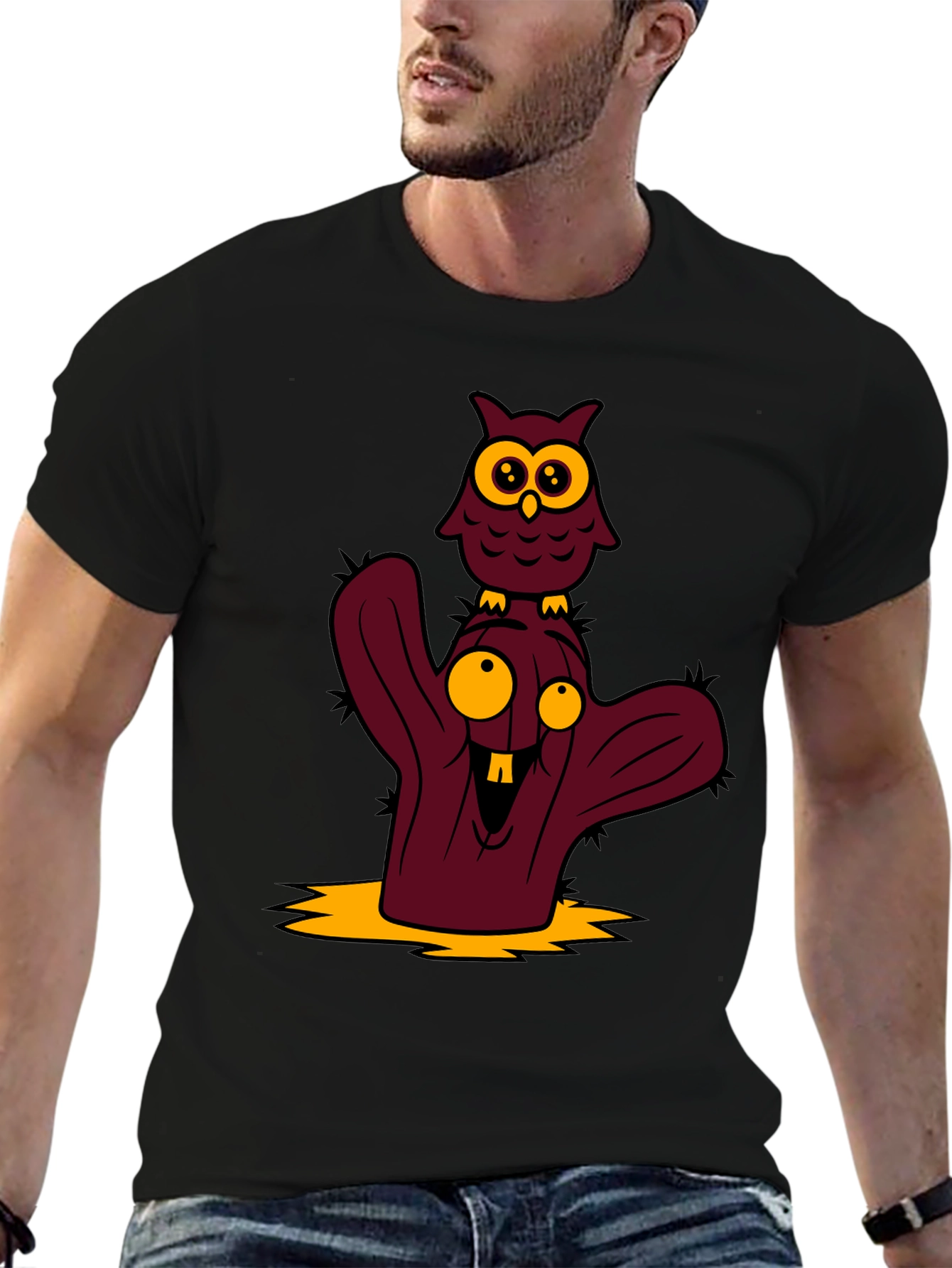 Cartoon Owl and Cactus Graphic T-Shirt