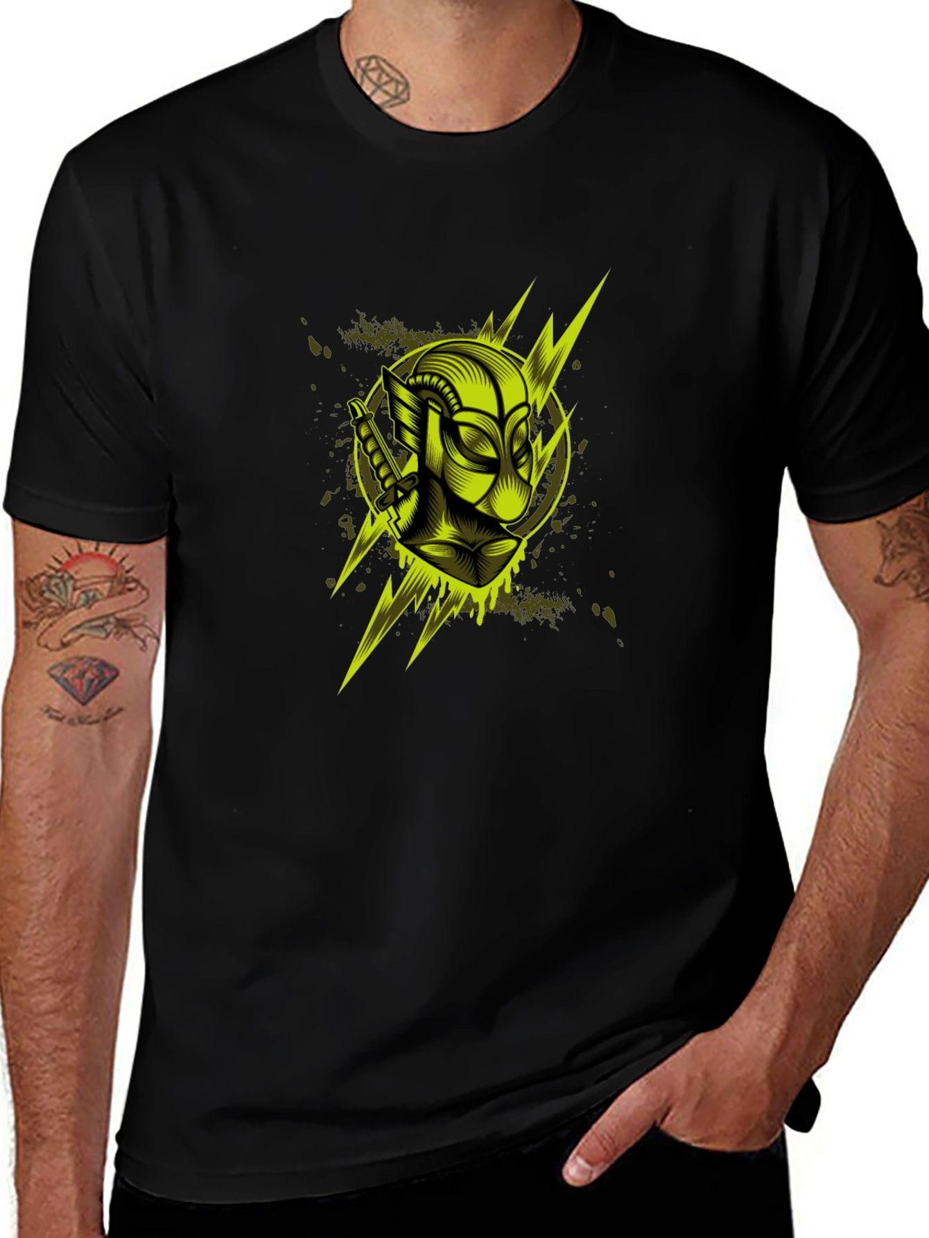 Mens Black Graphic T-Shirt: Neon Deadpool Design
