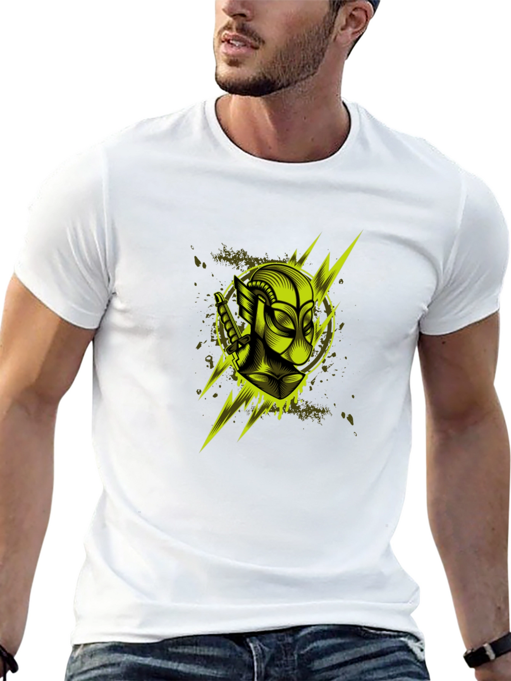 Mens Black Graphic T-Shirt: Neon Deadpool Design