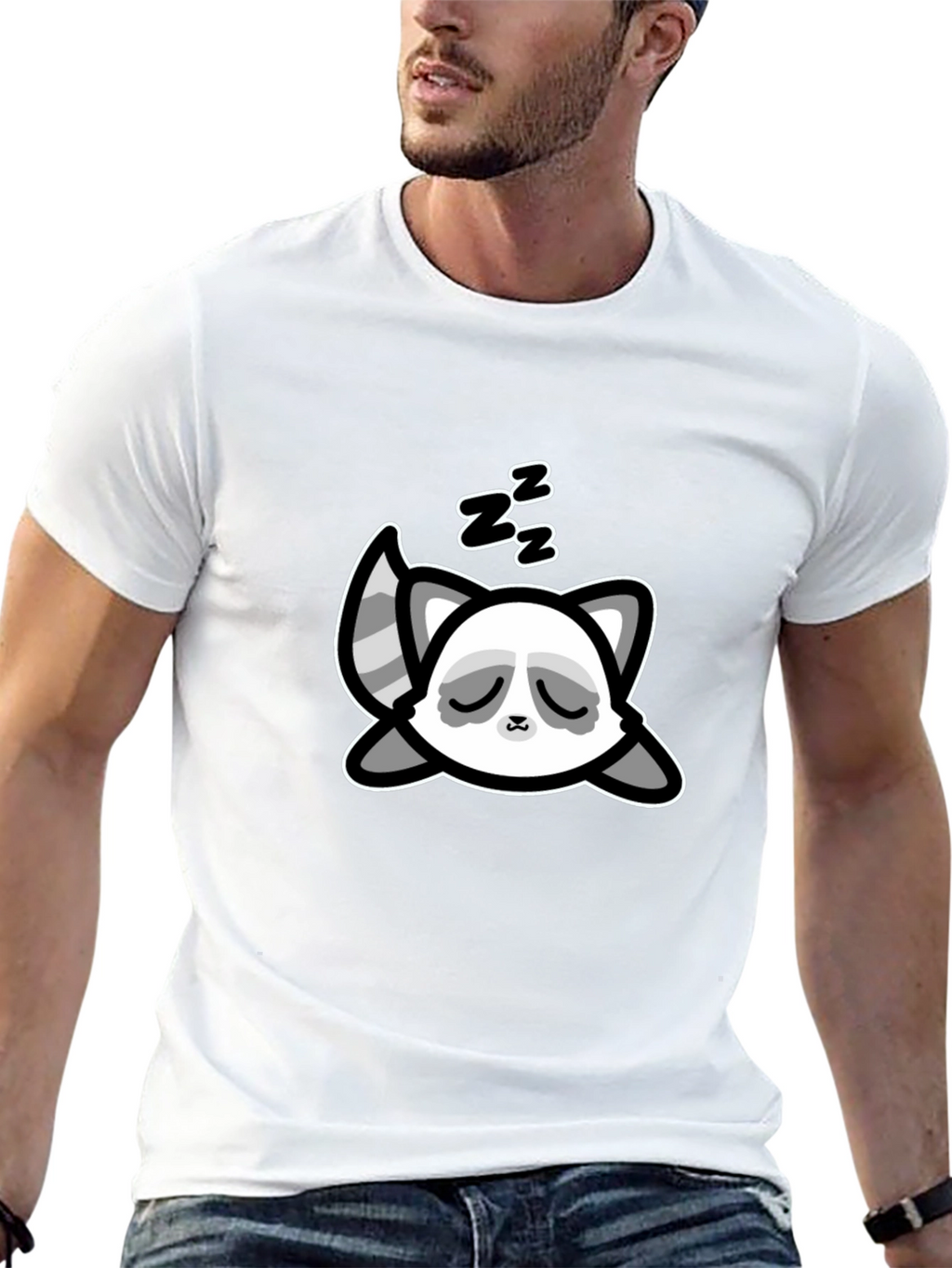 Cute Sleeping Raccoon Graphic T-Shirt - Black