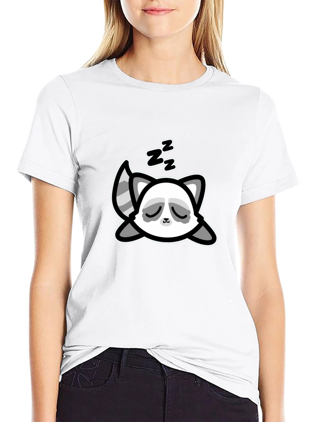 Cute Sleeping Raccoon Graphic T-Shirt - Black