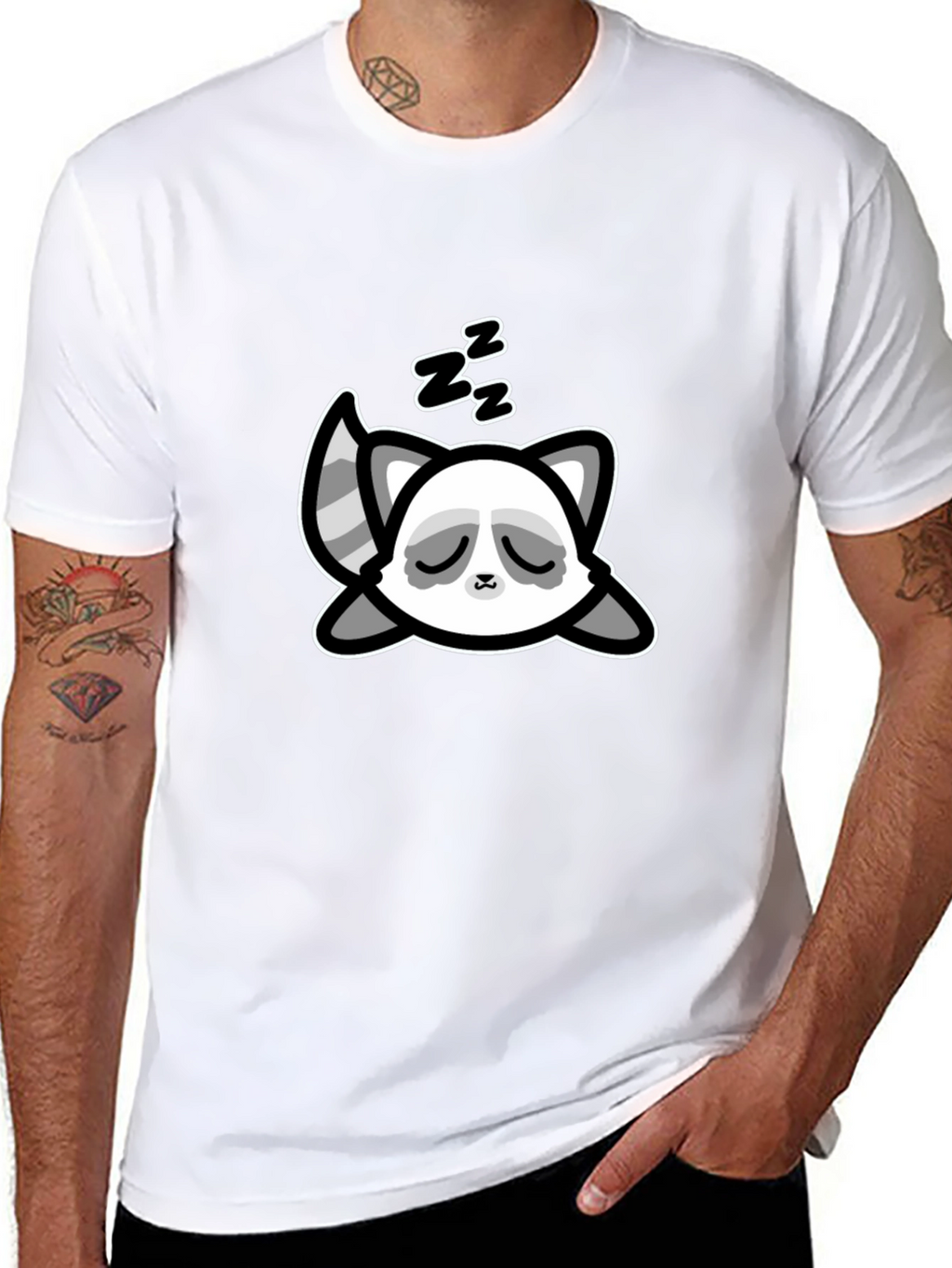 Cute Sleeping Raccoon Graphic T-Shirt - Black