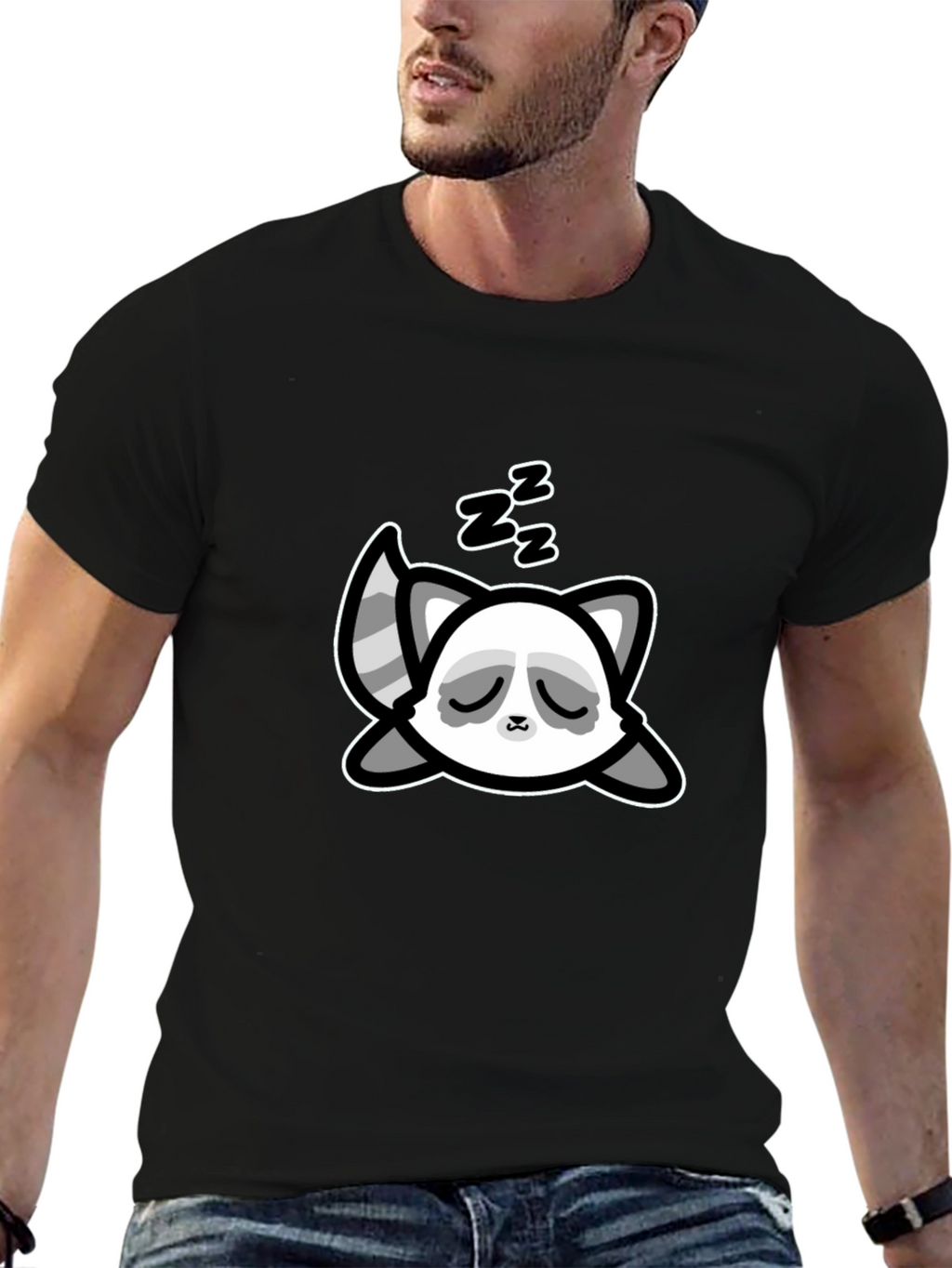 Cute Sleeping Raccoon Graphic T-Shirt - Black