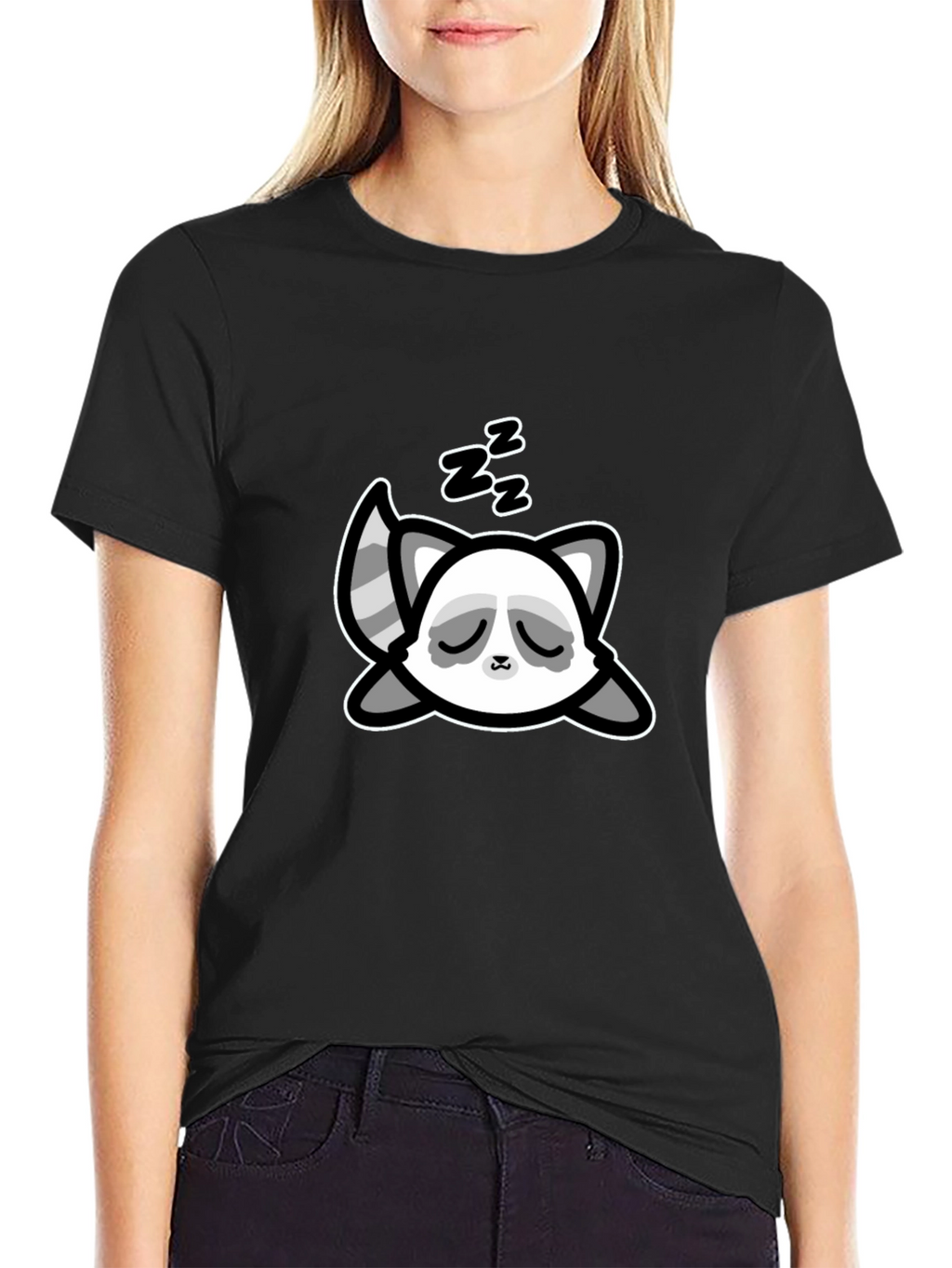 Cute Sleeping Raccoon Graphic T-Shirt - Black