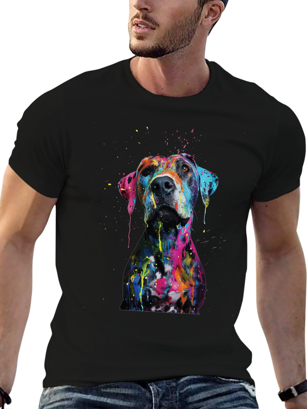 Mens Artistic Dog Print Black T-Shirt