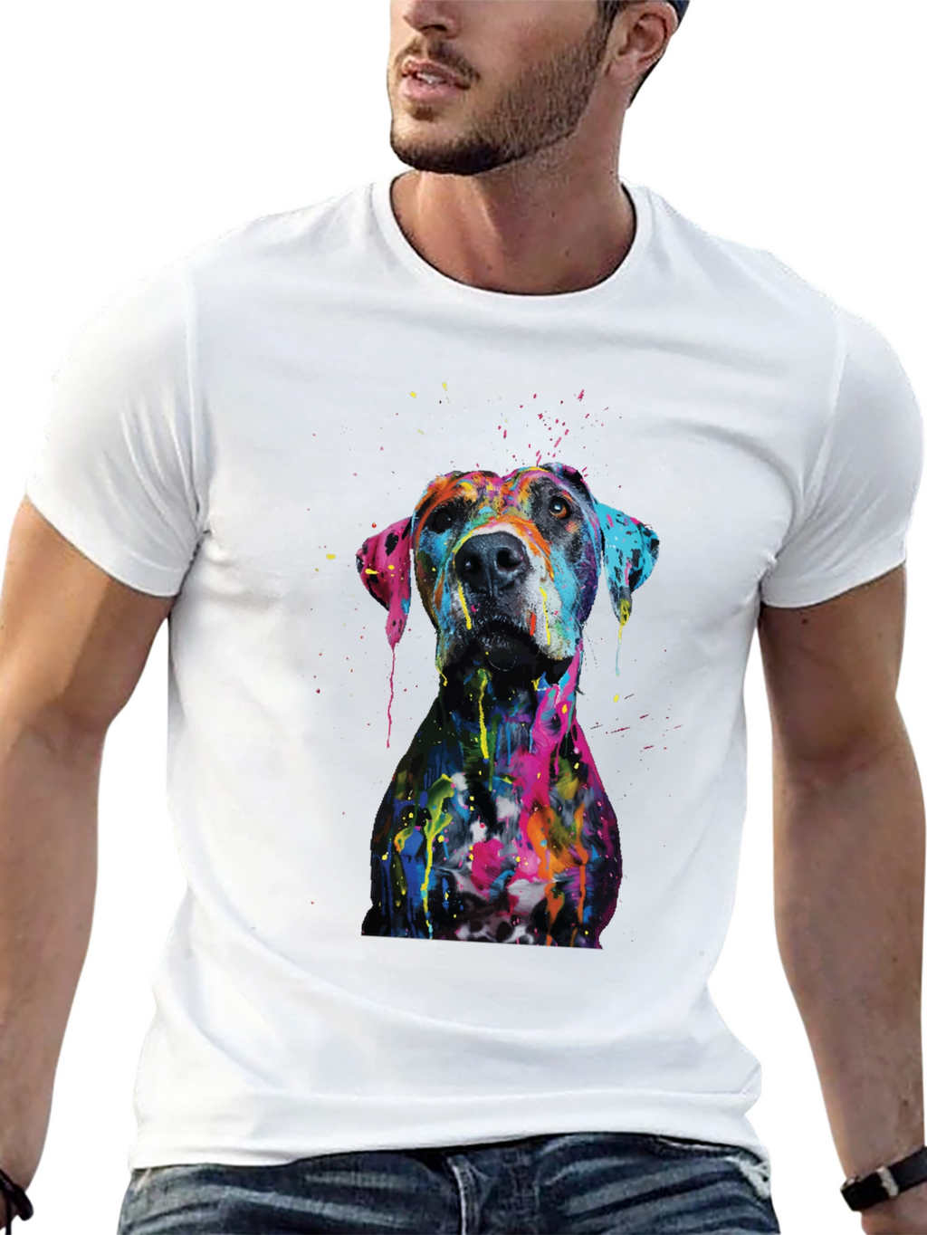 Mens Artistic Dog Print Black T-Shirt