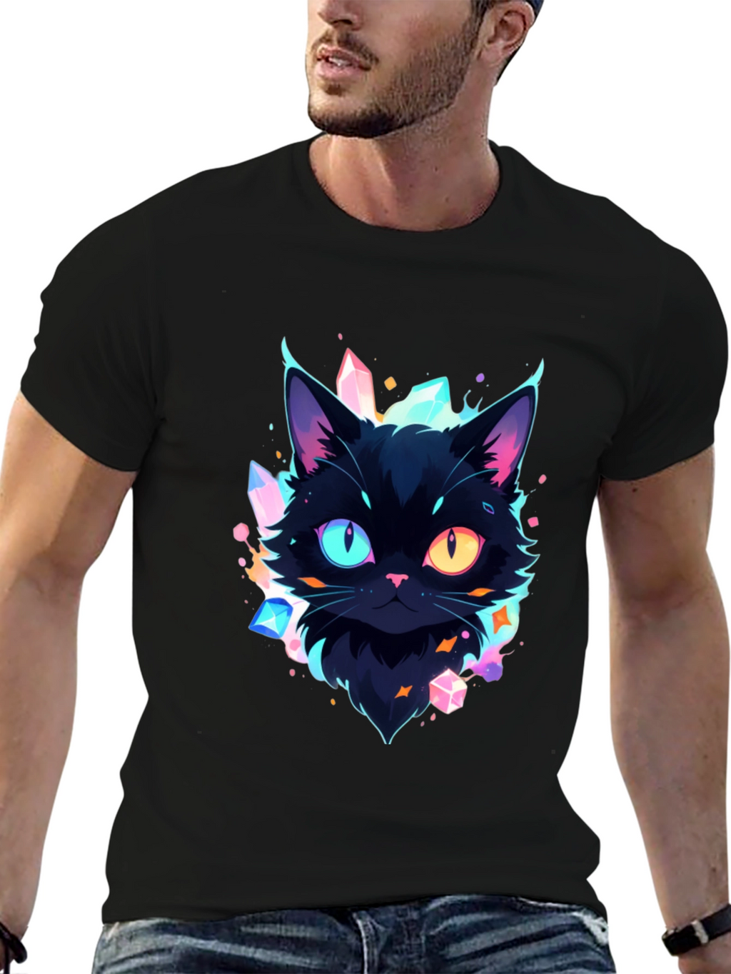 Mystic Cat Graphic Tee - Unique Heterochromia Design