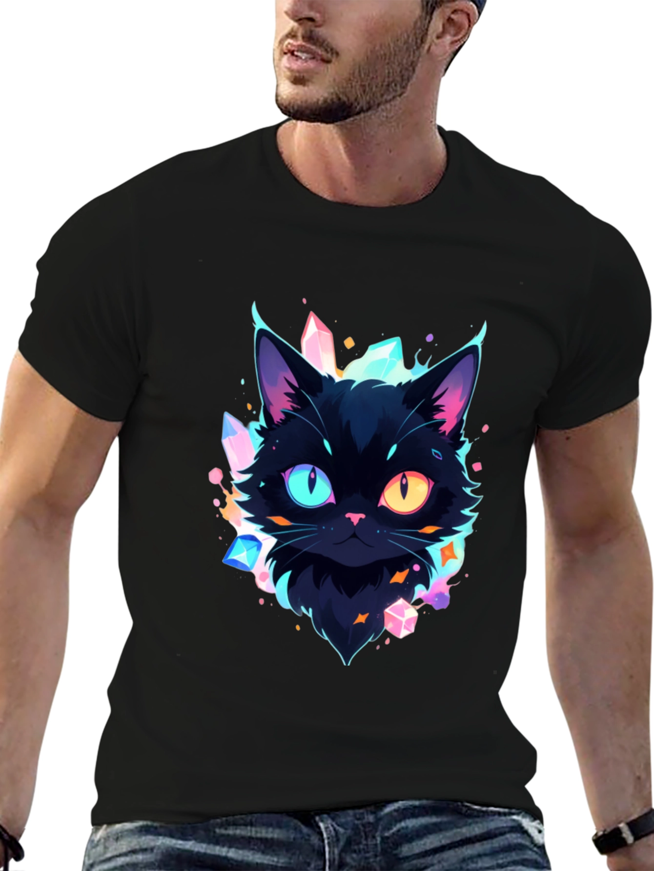 Mystic Cat Graphic Tee - Unique Heterochromia Design