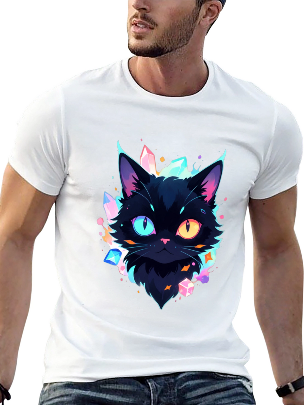 Mystic Cat Graphic Tee - Unique Heterochromia Design