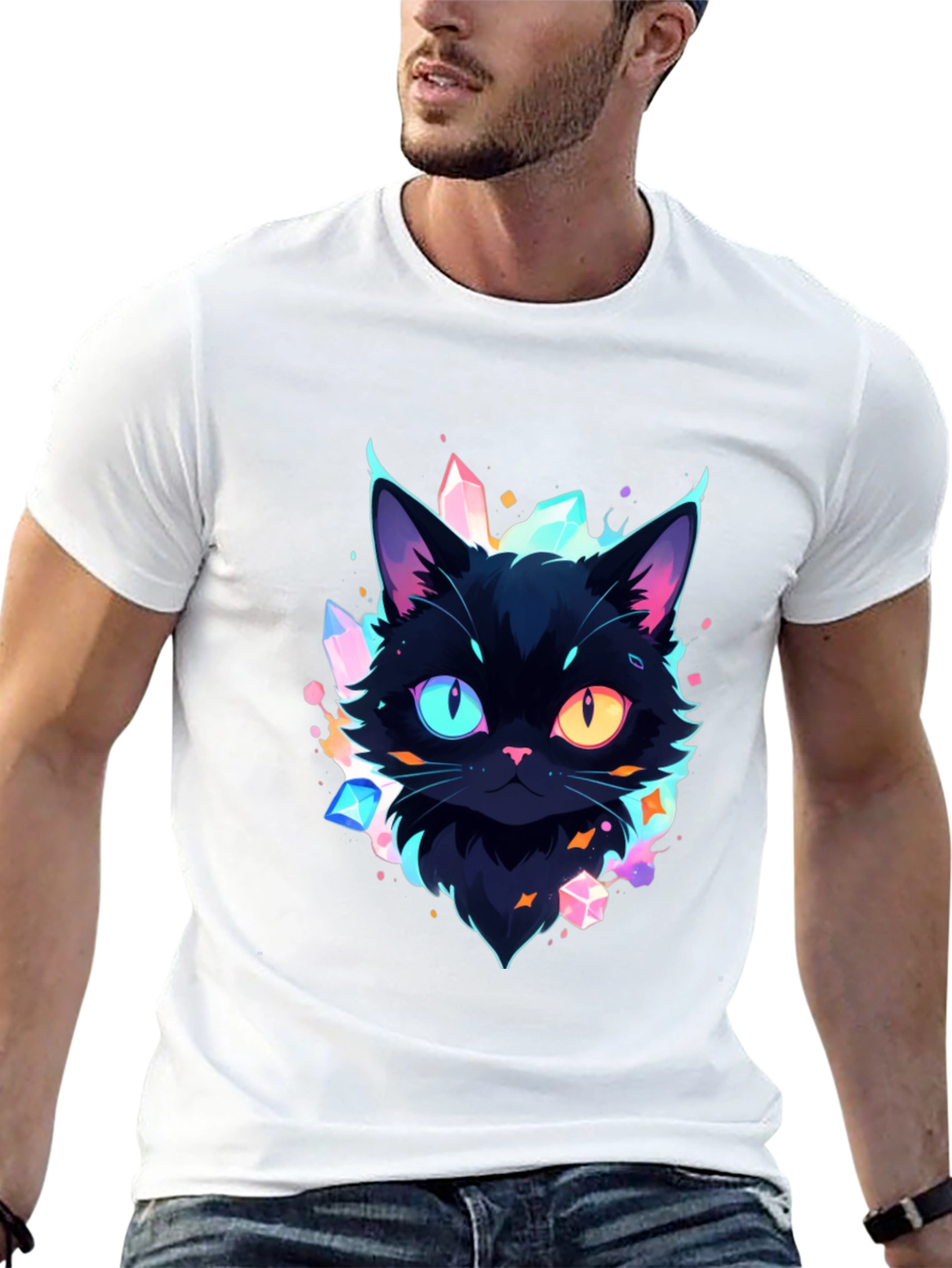 Mystic Cat Graphic Tee - Unique Heterochromia Design