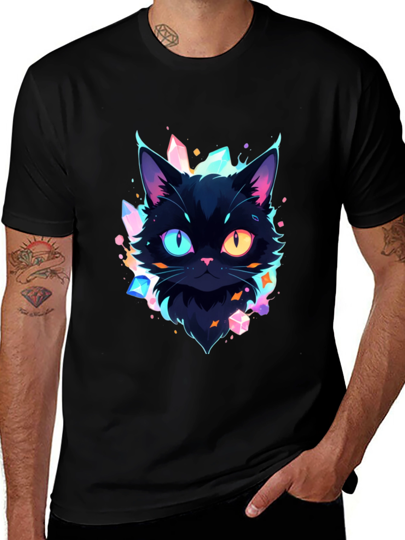 Mystic Cat Graphic Tee - Unique Heterochromia Design