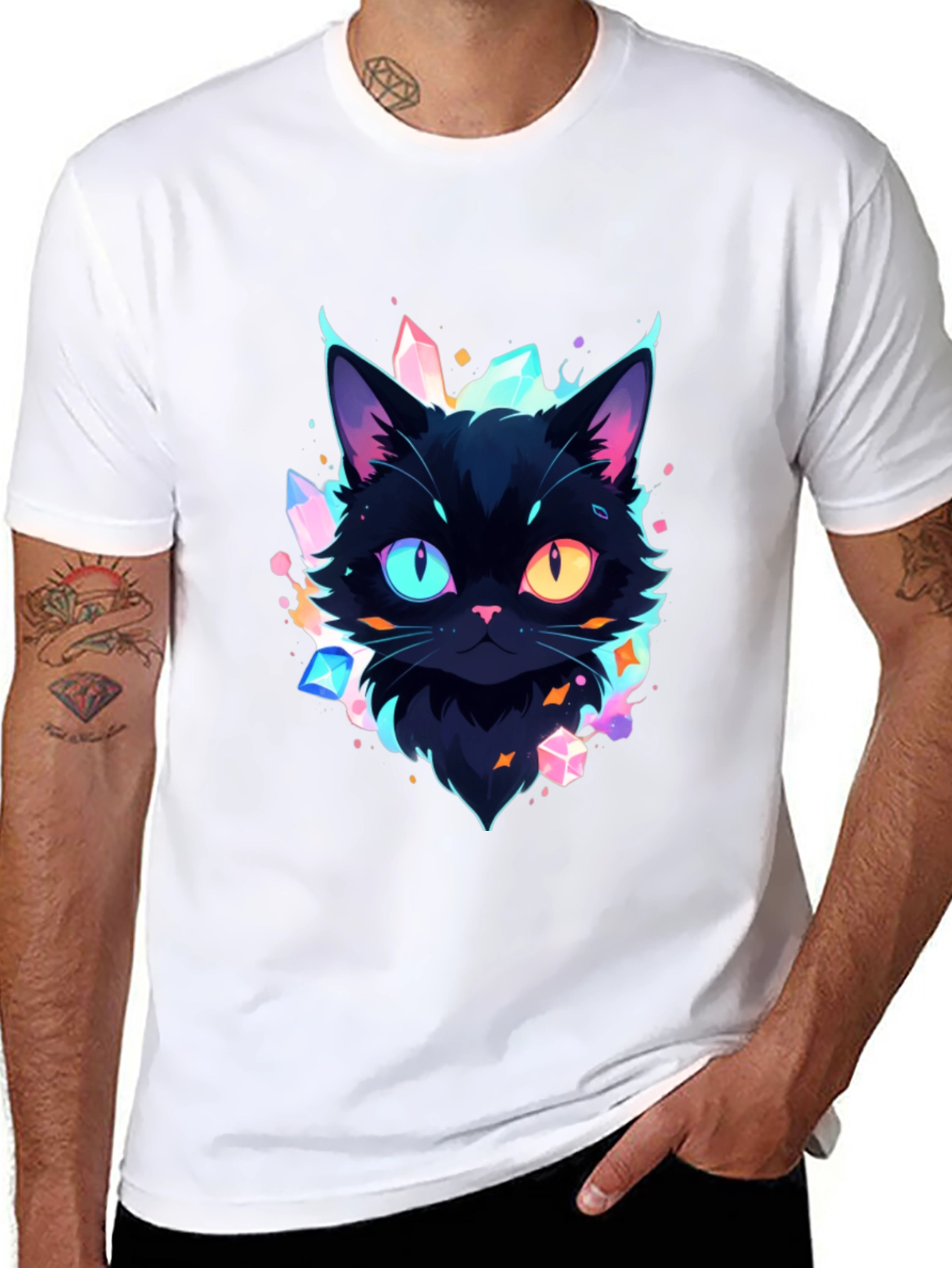 Mystic Cat Graphic Tee - Unique Heterochromia Design