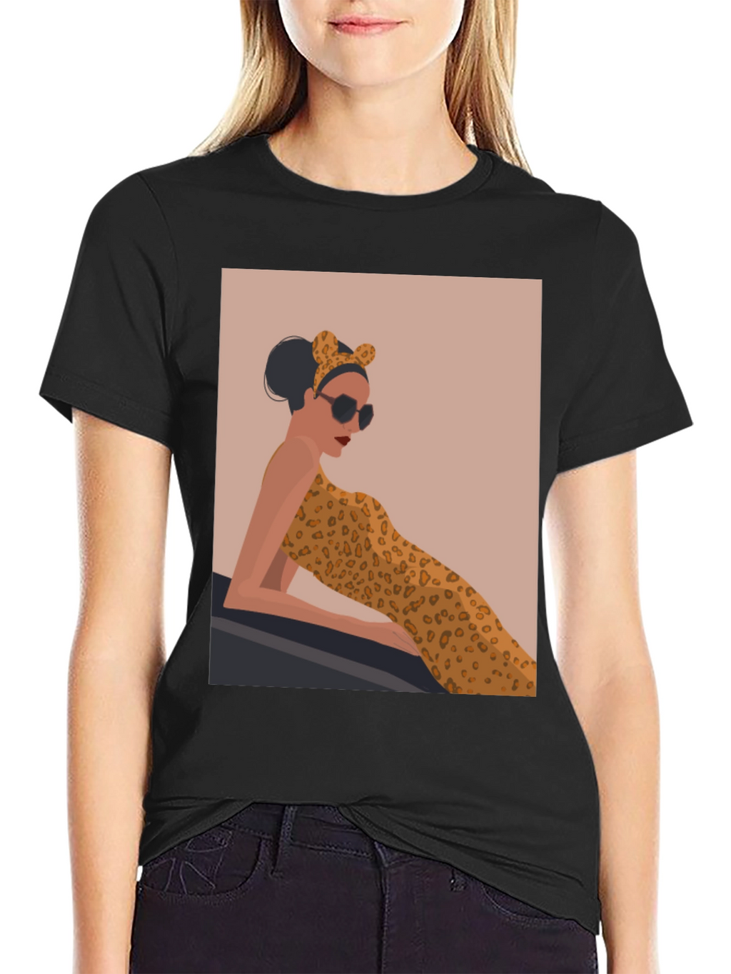 Stylish Black Tee with Leopard Print Woman Graphic