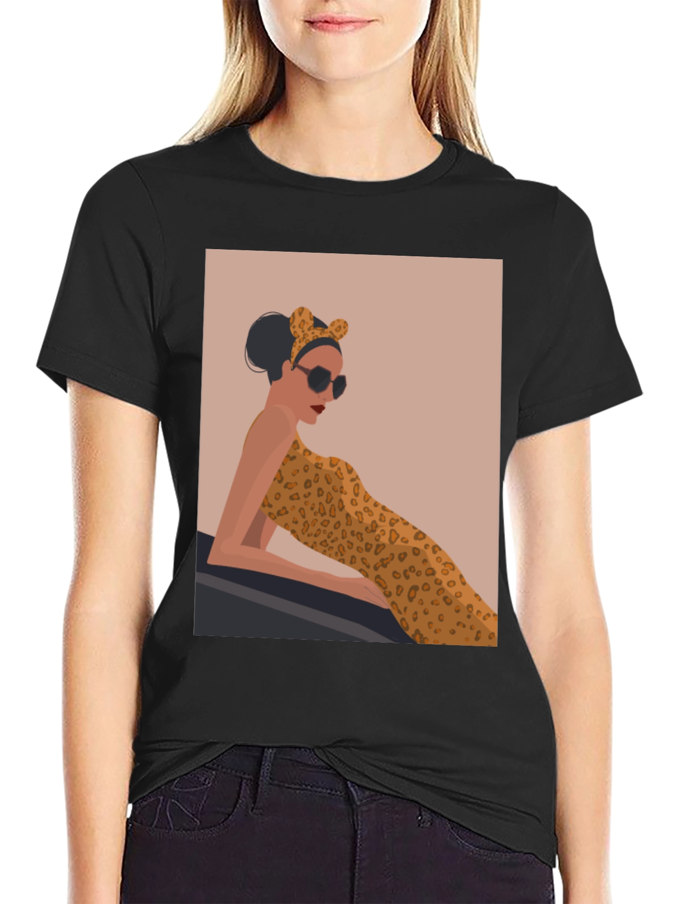 Stylish Black Tee with Leopard Print Woman Graphic