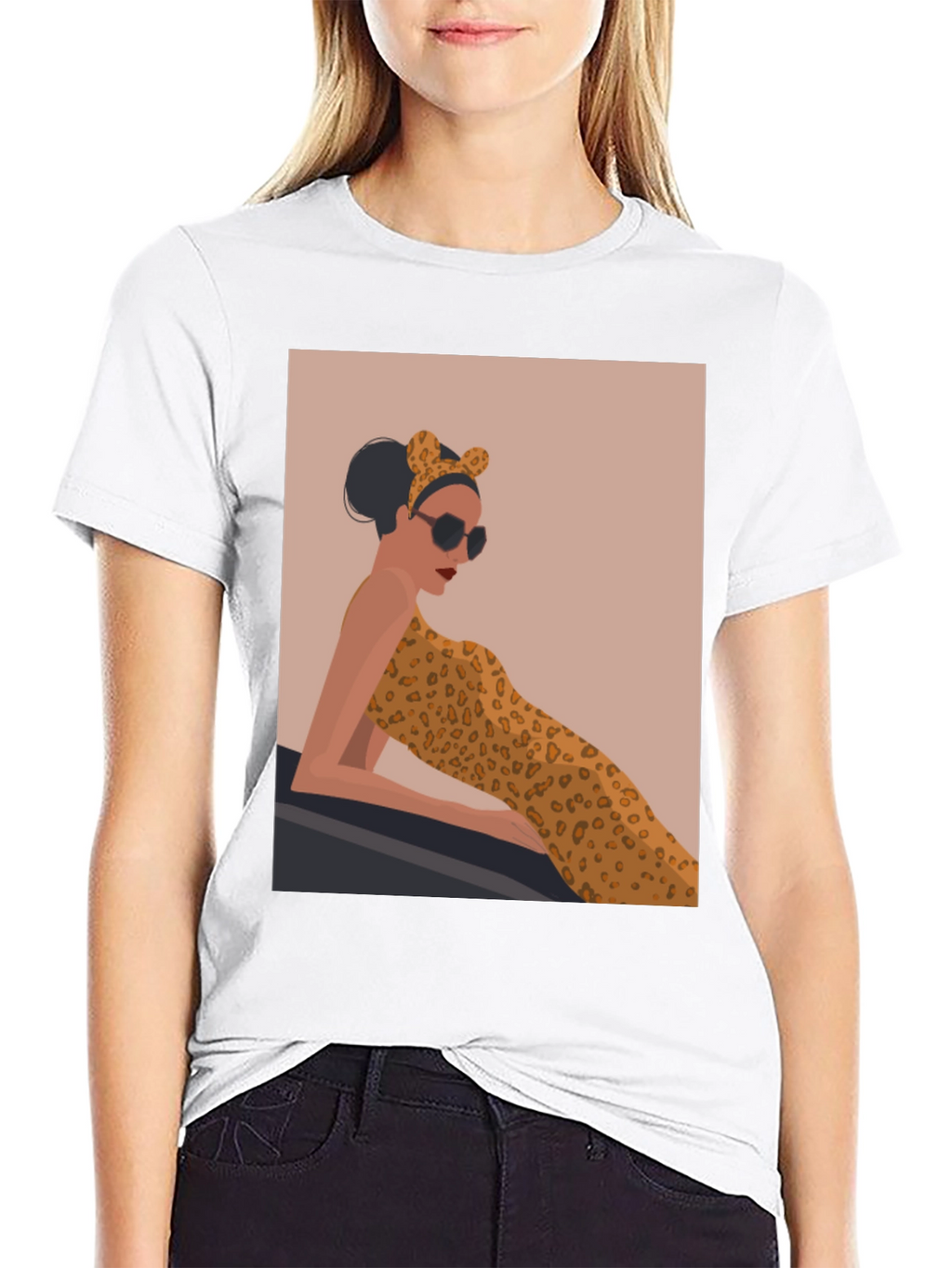 Stylish Black Tee with Leopard Print Woman Graphic