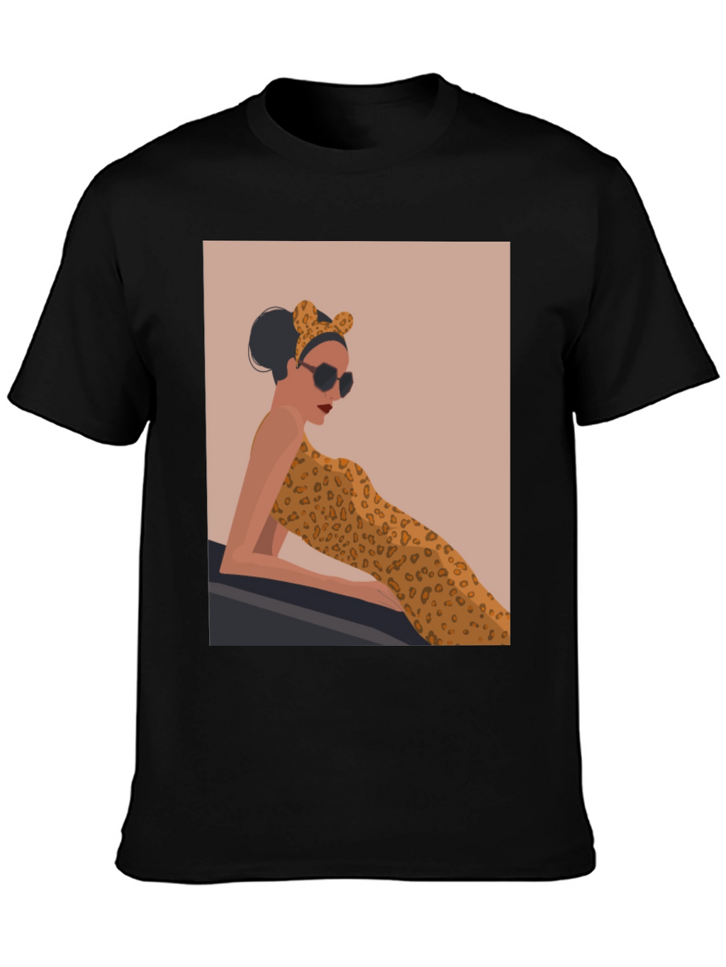 Stylish Black Tee with Leopard Print Woman Graphic