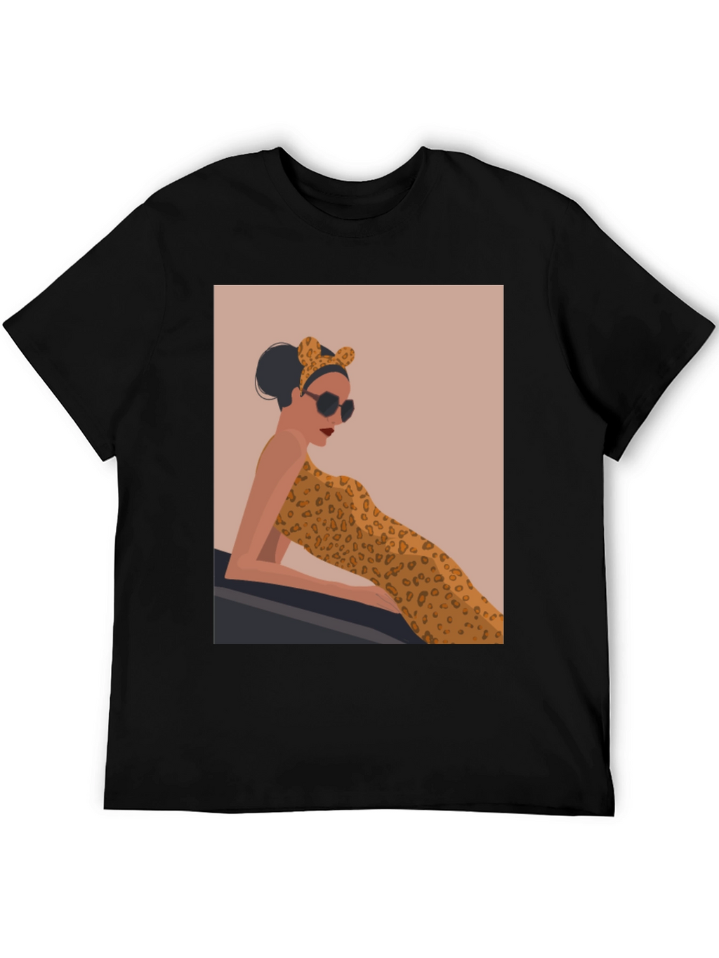 Stylish Black Tee with Leopard Print Woman Graphic