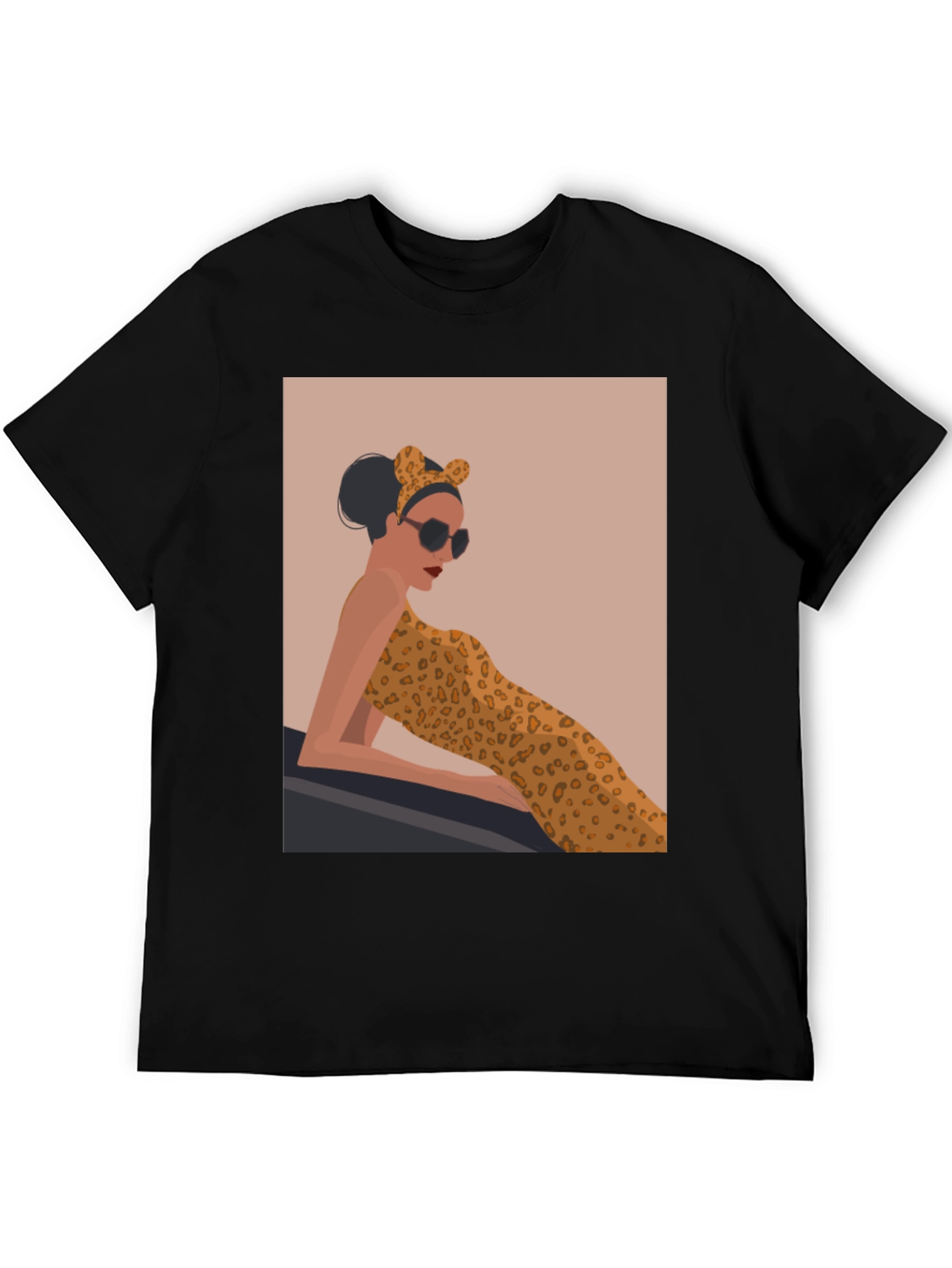 Stylish Black Tee with Leopard Print Woman Graphic
