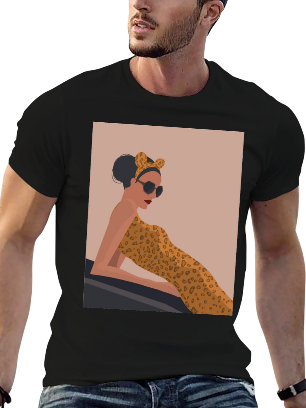 Stylish Black Tee with Leopard Print Woman Graphic