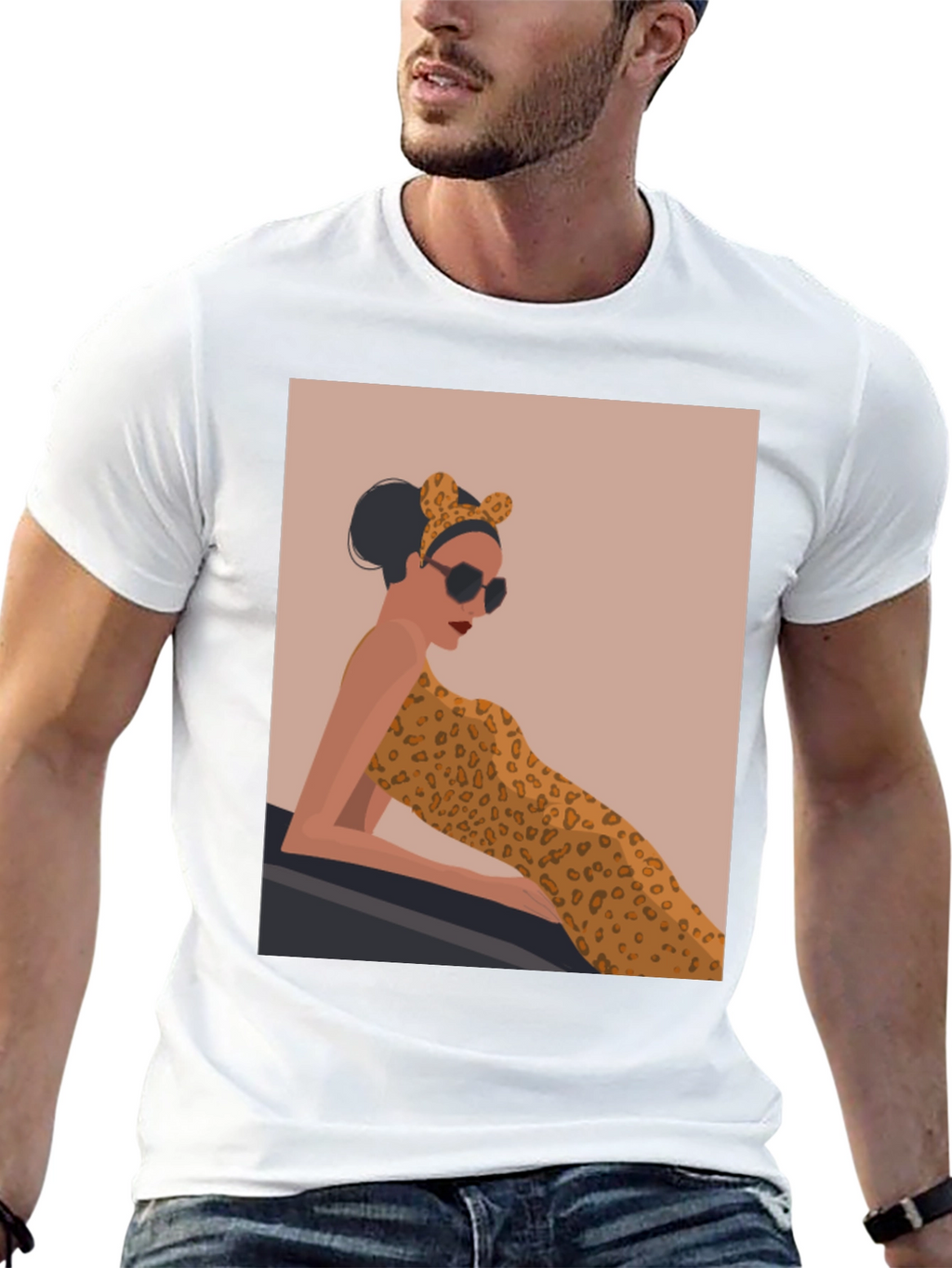 Stylish Black Tee with Leopard Print Woman Graphic