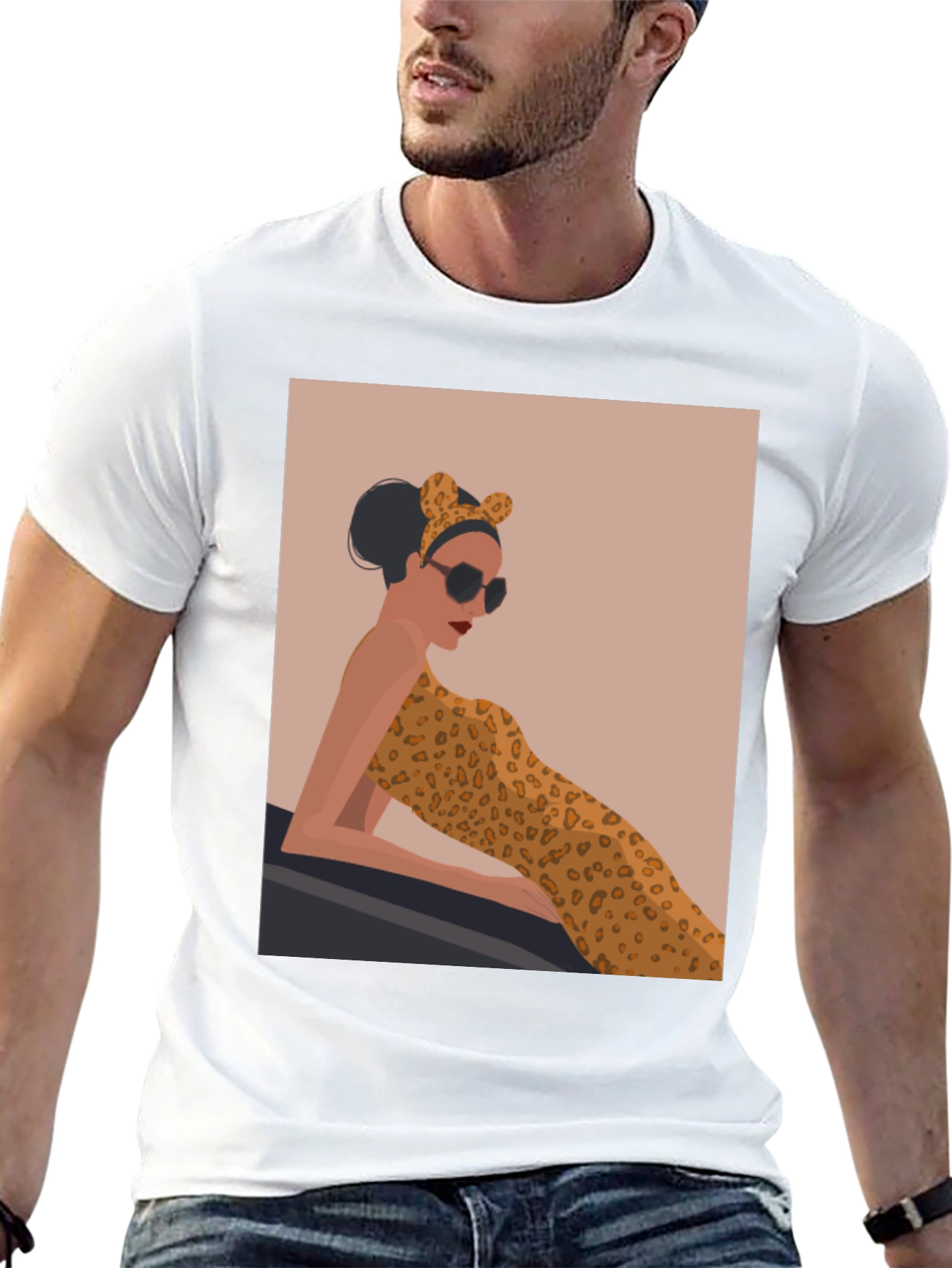 Stylish Black Tee with Leopard Print Woman Graphic